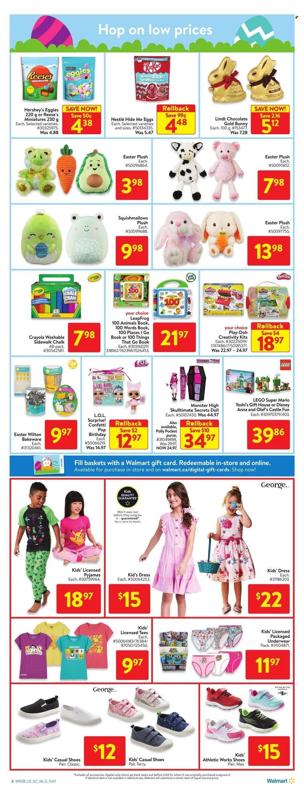 thumbnail - Walmart Flyer - March 16, 2023 - March 22, 2023 - Sales products - eggs, Reese's, Hershey's, chocolate, KitKat, Monster, basket, bakeware, crayons, book, Wilson, dress, t-shirt, underwear, pajamas, shoes, doll, LeapFrog, LEGO, L.O.L. Surprise, Squishmallows, plush toy, LEGO Super Mario, Nestlé, Play-doh, Lindt, Monster High. Page 8.