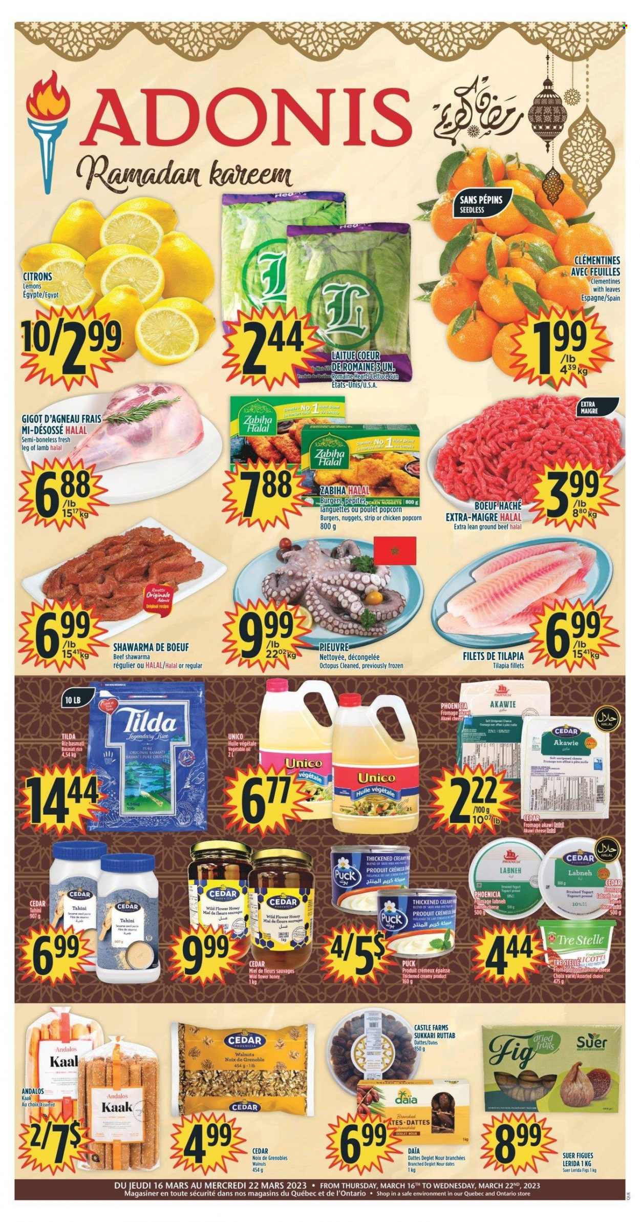 thumbnail - Adonis Flyer - March 16, 2023 - March 22, 2023 - Sales products - lettuce, clementines, figs, lemons, tilapia, octopus, nuggets, hamburger, cheese, labneh, Puck, yoghurt, Mars, popcorn, basmati rice, rice, tahini, vegetable oil, oil, honey, walnuts, Castle, beef meat, ground beef, lamb leg, Dell. Page 1.