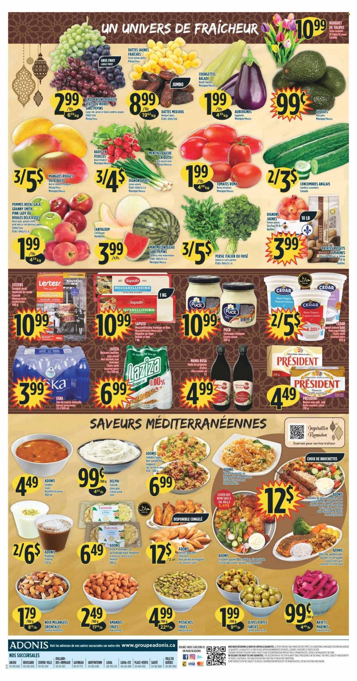 thumbnail - Adonis Flyer - March 16, 2023 - March 22, 2023 - Sales products - cantaloupe, cucumber, radishes, russet potatoes, parsley, eggplant, green onion, avocado, Gala, grapes, mango, Red Delicious apples, seedless grapes, watermelon, melons, Granny Smith, Pink Lady, salmon, salmon fillet, seafood, pizza, lasagna meal, tzatziki, Président, Puck, pudding, yoghurt, malt, almonds, dried fruit, pistachios, dried dates, mixed nuts, spring water, water, Persil, raisins, olives. Page 2.