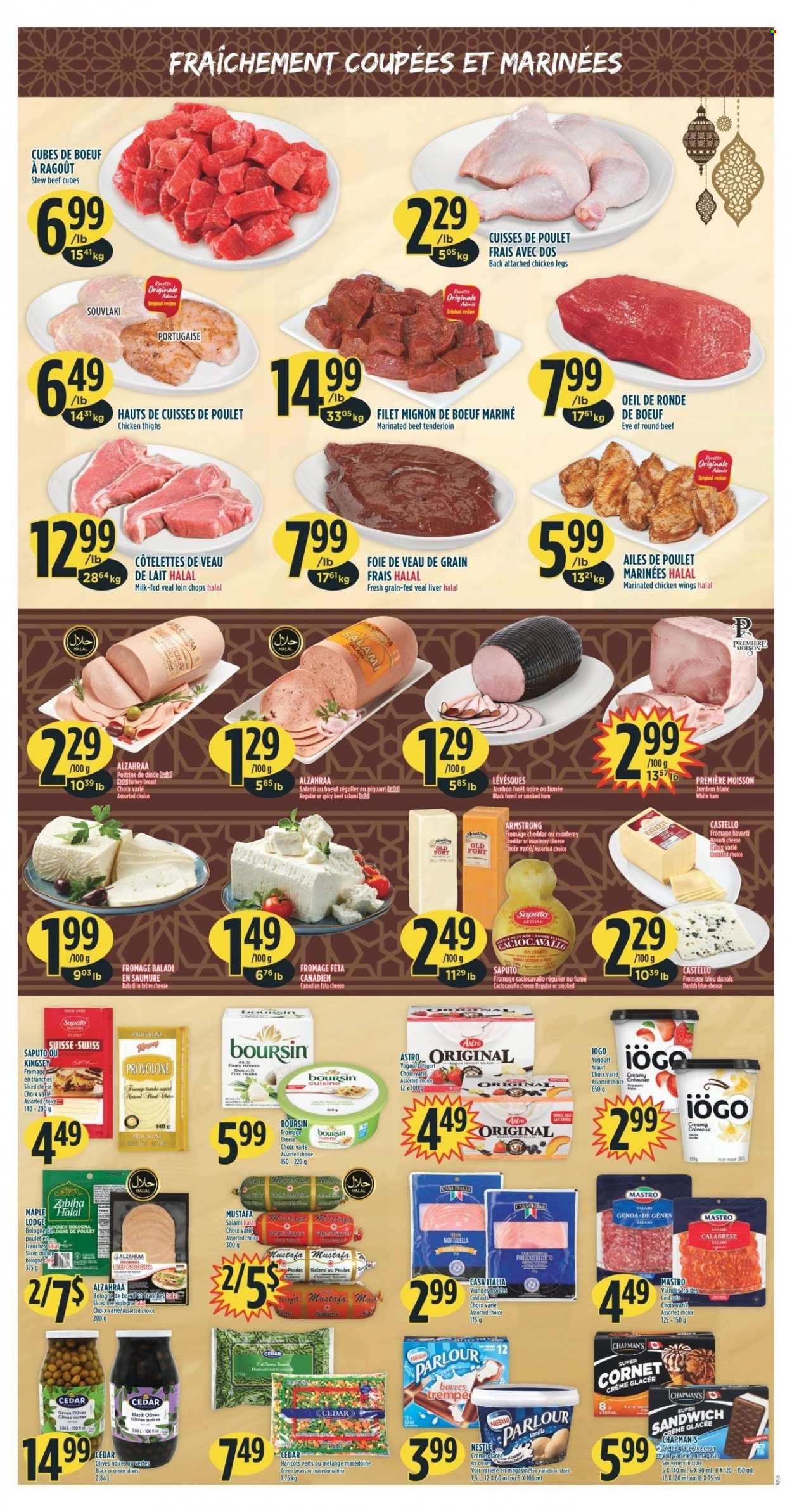 thumbnail - Adonis Flyer - March 16, 2023 - March 22, 2023 - Sales products - beans, green beans, mortadella, salami, ham, smoked ham, bologna sausage, blue cheese, sliced cheese, Havarti, cheddar, cheese, feta, Provolone, yoghurt, milk, ice cream, chicken wings, turkey breast, chicken legs, chicken thighs, chicken, turkey, marinated chicken, beef meat, beef tenderloin, eye of round, marinated beef, PREMIERE, Nestlé, olives. Page 3.
