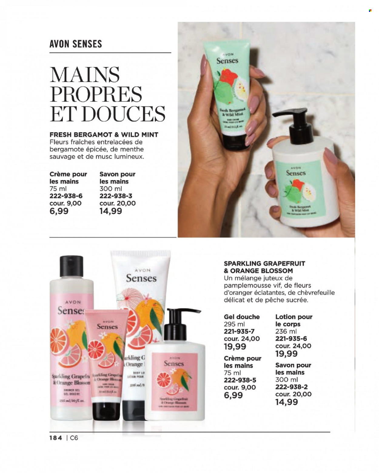 thumbnail - Circulaire Avon - Produits soldés - savon, gel douche, lotion pour le corps, crème mains. Page 184.