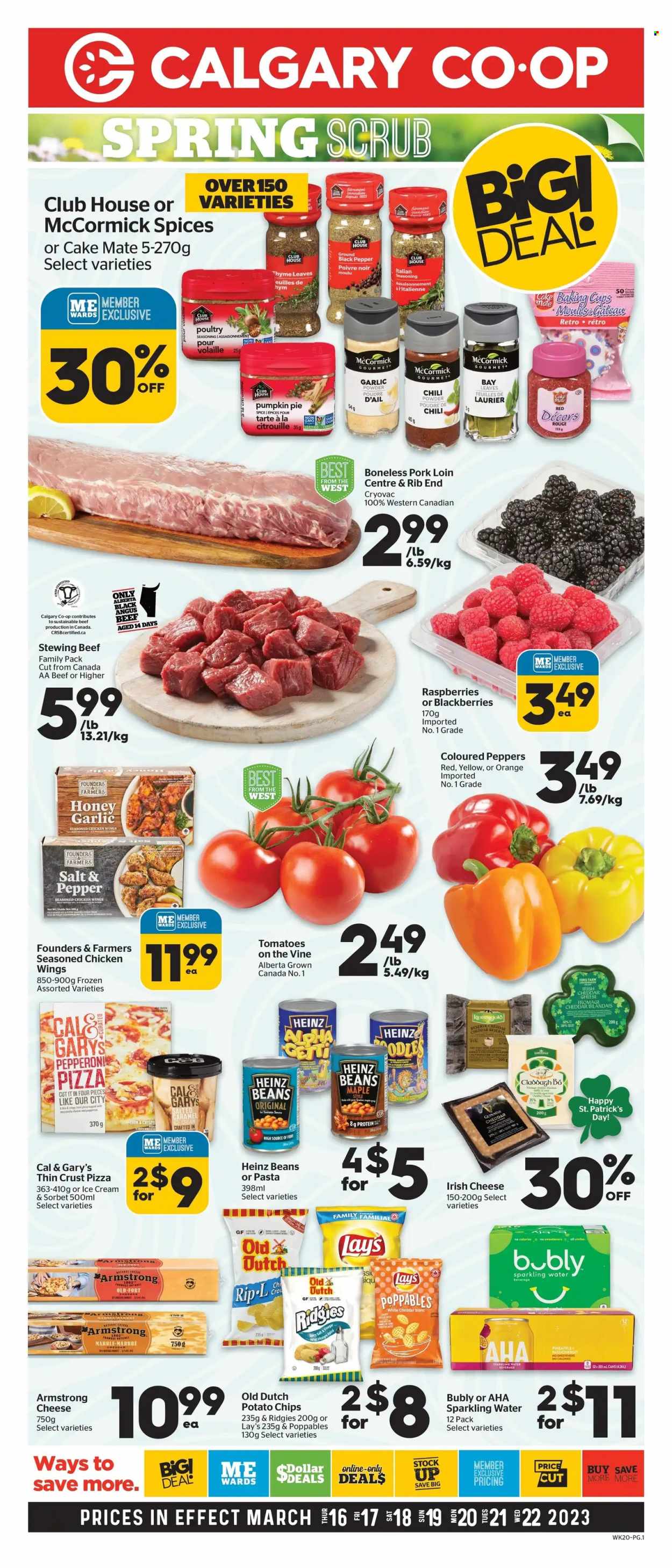 thumbnail - Calgary Co-op Flyer - March 16, 2023 - March 22, 2023 - Sales products - cake, pie, beans, pumpkin, peppers, blackberries, pineapple, oranges, pizza, pepperoni, cheese, ice cream, chicken wings, potato chips, Lay’s, spice, garlic powder, honey, sparkling water, water, Guinness, beef meat, stewing beef, pork loin, pork meat, Heinz. Page 1.