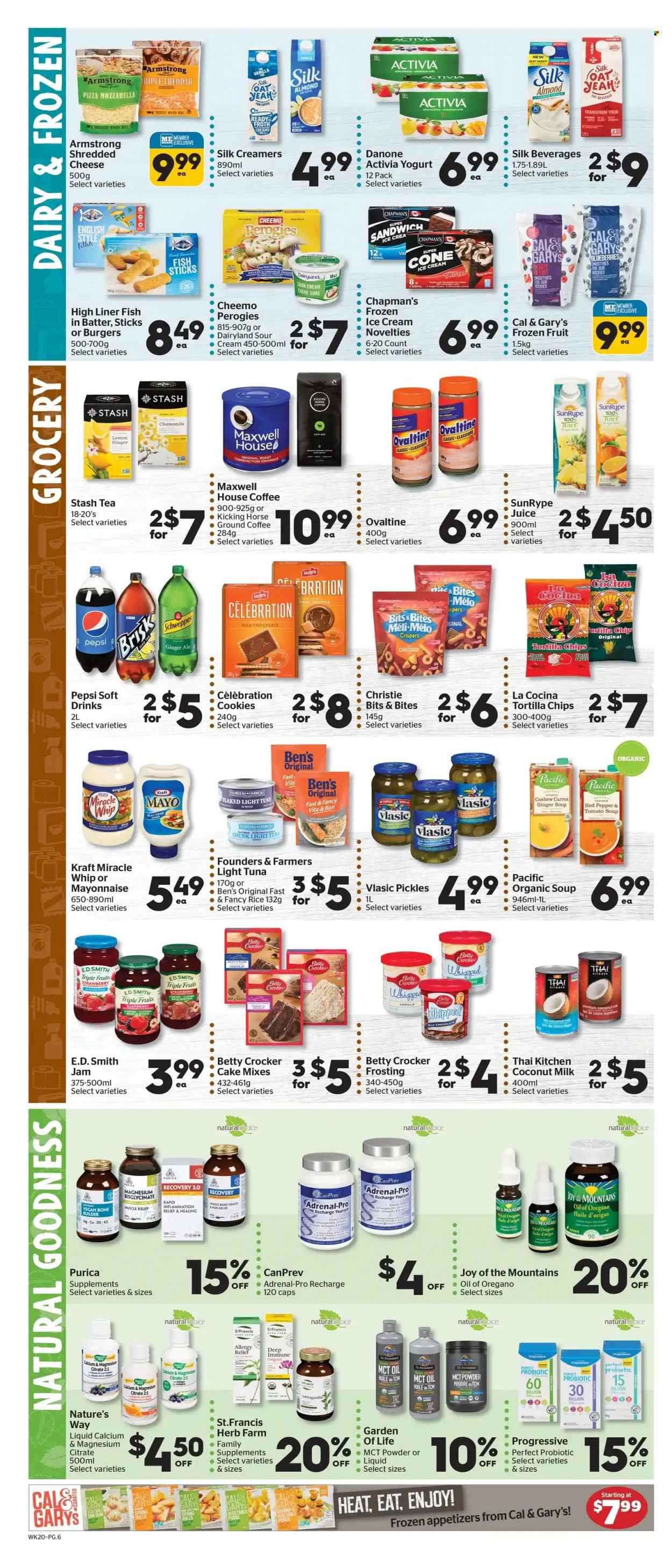 thumbnail - Calgary Co-op Flyer - March 16, 2023 - March 22, 2023 - Sales products - cake, garlic, blueberries, tuna, fish, fish fingers, fish sticks, tomato soup, pizza, sandwich, soup, Kraft®, roast, shredded cheese, cheese, yoghurt, Activia, sour cream, mayonnaise, Miracle Whip, ice cream, cookies, milk chocolate, truffles, Celebration, tortilla chips, frosting, coconut milk, tuna in water, pickles, light tuna, rice, fruit jam, ginger ale, Schweppes, Pepsi, juice, ice tea, soft drink, smoothie, water, Maxwell House, ground coffee, Joy, Sure, pain relief, magnesium, calcium, Danone, Twister. Page 7.