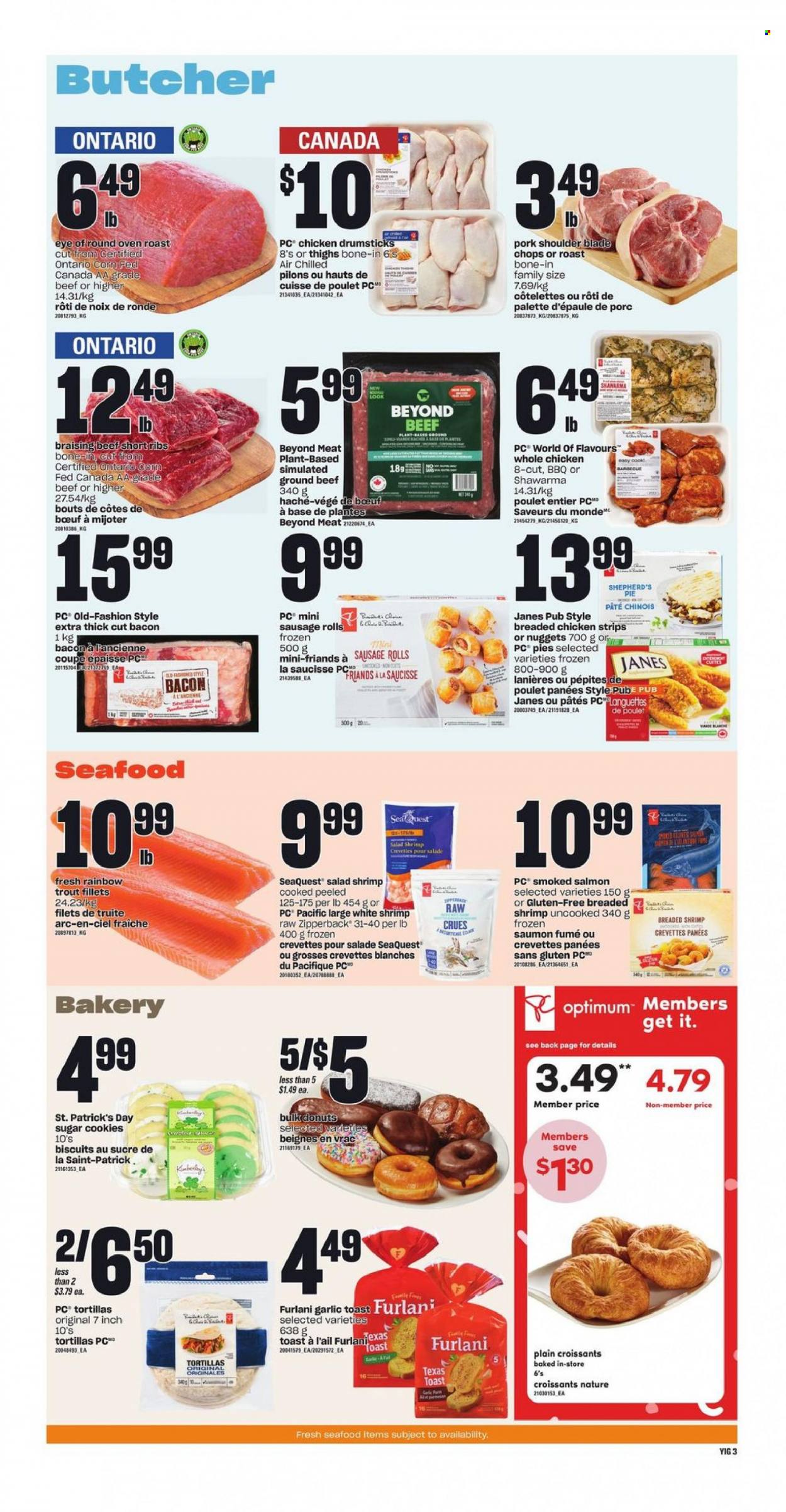 thumbnail - Independent Flyer - March 16, 2023 - March 22, 2023 - Sales products - sausage rolls, tortillas, pie, croissant, donut, salad, salmon, smoked salmon, trout, seafood, shrimps, nuggets, fried chicken, roast, bacon, sausage, parmesan, strips, chicken strips, cookies, biscuit, whole chicken, chicken drumsticks, chicken, beef meat, beef ribs, eye of round, ribs, pork meat, pork shoulder, Palette, Optimum. Page 4.