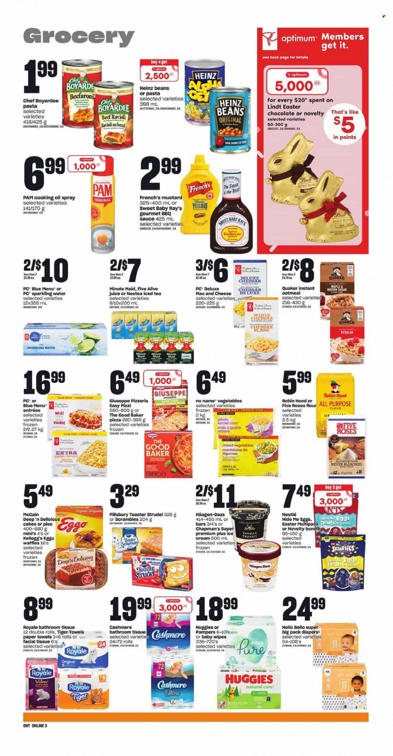 thumbnail - Independent Flyer - March 16, 2023 - March 22, 2023 - Sales products - cake, strudel, macaroons, waffles, beans, corn, No Name, ravioli, pizza, Pillsbury, Quaker, cheddar, milk, eggs, ice cream, Häagen-Dazs, mixed vegetables, McCain, Kellogg's, all purpose flour, cane sugar, flour, oatmeal, Chef Boyardee, BBQ sauce, mustard, oil, cooking oil, juice, ice tea, fruit punch, sparkling water, water, wipes, Pampers, baby wipes, nappies, bath tissue, kitchen towels, paper towels, Optimum, rode, Nestlé, Heinz, Huggies, Lindt, Smarties. Page 7.
