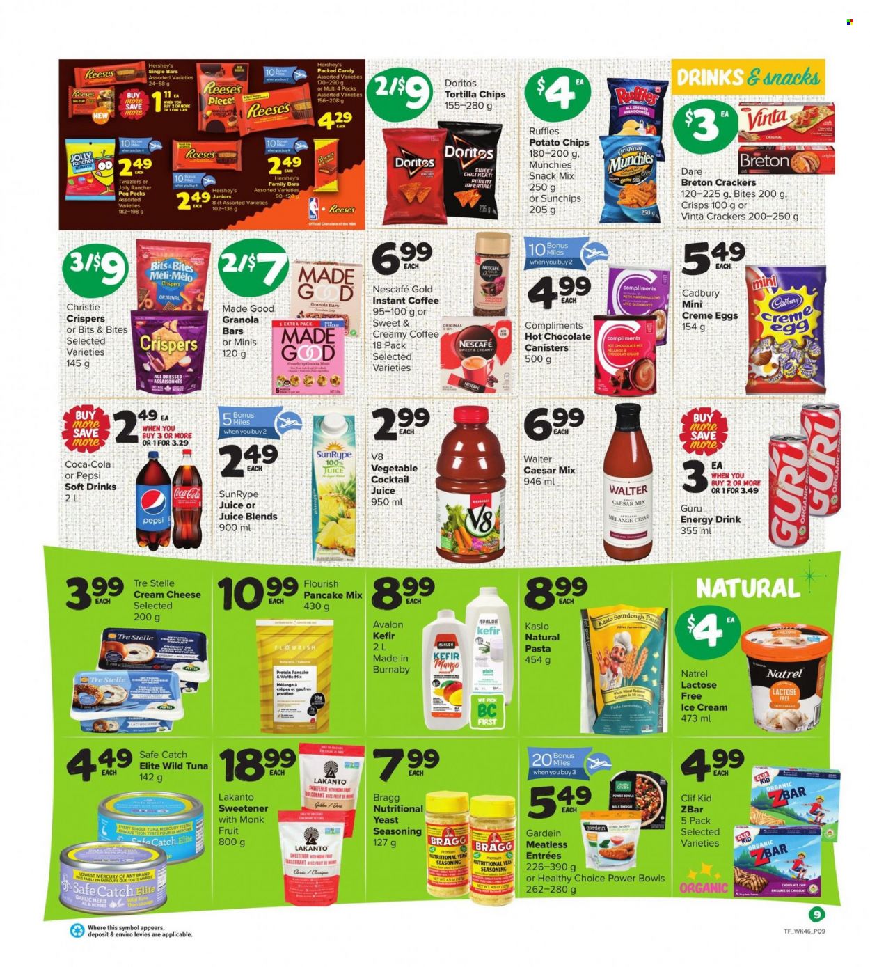 thumbnail - Thrifty Foods Flyer - March 16, 2023 - March 22, 2023 - Sales products - garlic, tuna, pasta, pancakes, Healthy Choice, cream cheese, Arla, kefir, ice cream, Reese's, Hershey's, marshmallows, chocolate chips, crackers, Cadbury, Doritos, tortilla chips, potato chips, chips, Ruffles, sweetener, granola bar, spice, herbs, Coca-Cola, Pepsi, juice, energy drink, soft drink, hot chocolate, coffee, instant coffee, Nescafé. Page 9.
