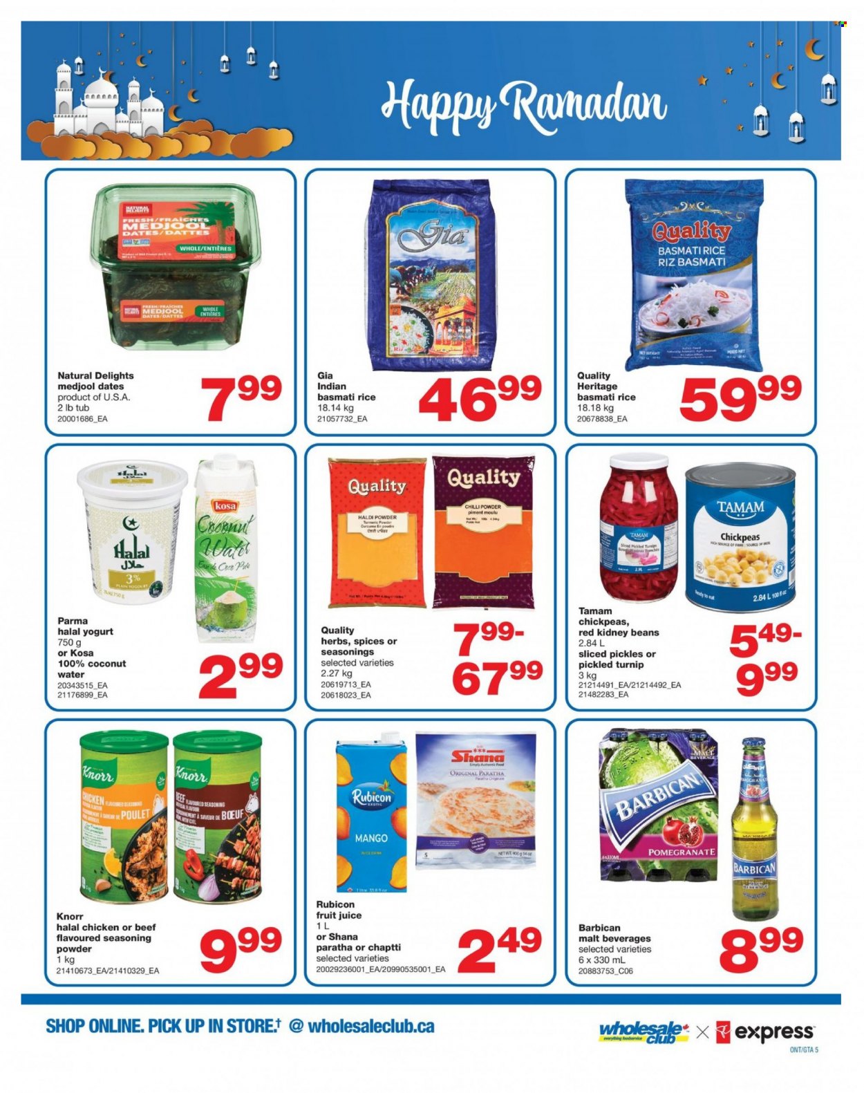 thumbnail - Wholesale Club Flyer - March 16, 2023 - April 05, 2023 - Sales products - beans, pomegranate, yoghurt, malt, kidney beans, pickles, basmati rice, rice, chickpeas, turmeric, spice, herbs, chilli powder, dried dates, juice, fruit juice, coconut water, water, Knorr. Page 5.