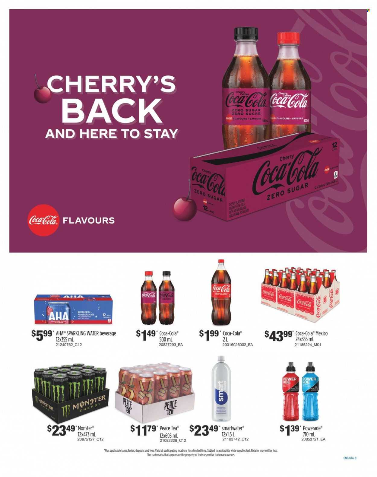 thumbnail - Wholesale Club Flyer - March 16, 2023 - April 05, 2023 - Sales products - cherries, pomegranate, Coca-Cola, Powerade, Monster, Coca-Cola zero, Monster Energy, sparkling water, Smartwater, water, tea. Page 9.