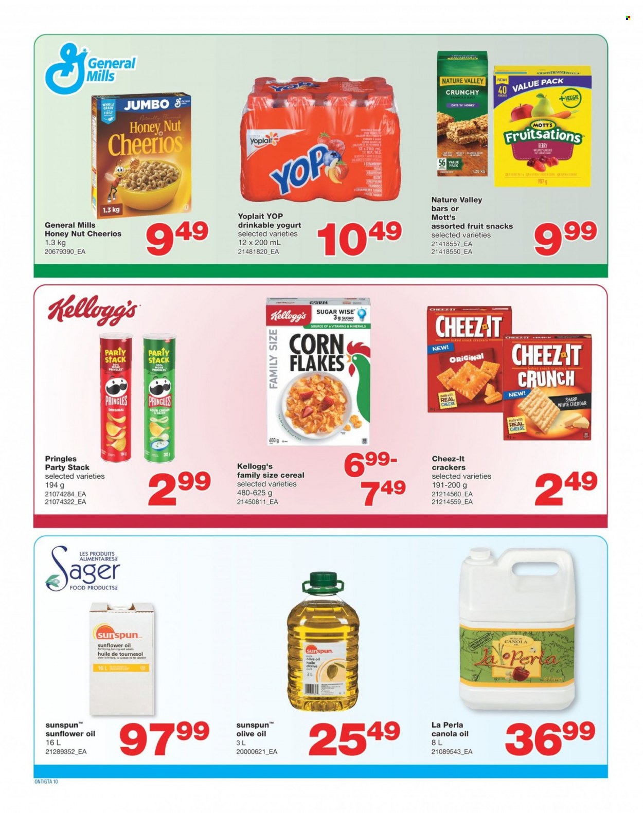 thumbnail - Wholesale Club Flyer - March 16, 2023 - April 05, 2023 - Sales products - onion, Mott's, yoghurt, Yoplait, sour cream, crackers, Kellogg's, fruit snack, Pringles, Cheez-It, cereals, Cheerios, corn flakes, Nature Valley, canola oil, sunflower oil, olive oil, oil, Sharp, calcium. Page 10.