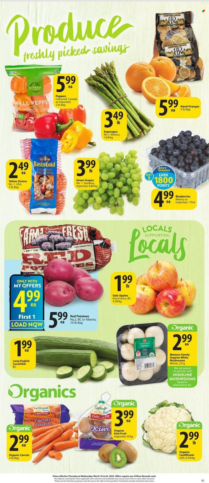 thumbnail - Save-On-Foods Flyer - March 16, 2023 - March 22, 2023 - Sales products - mushrooms, asparagus, carrots, cauliflower, potatoes, onion, peppers, red potatoes, apples, blueberries, Gala, grapes, oranges, navel oranges, pot, kiwi. Page 1.