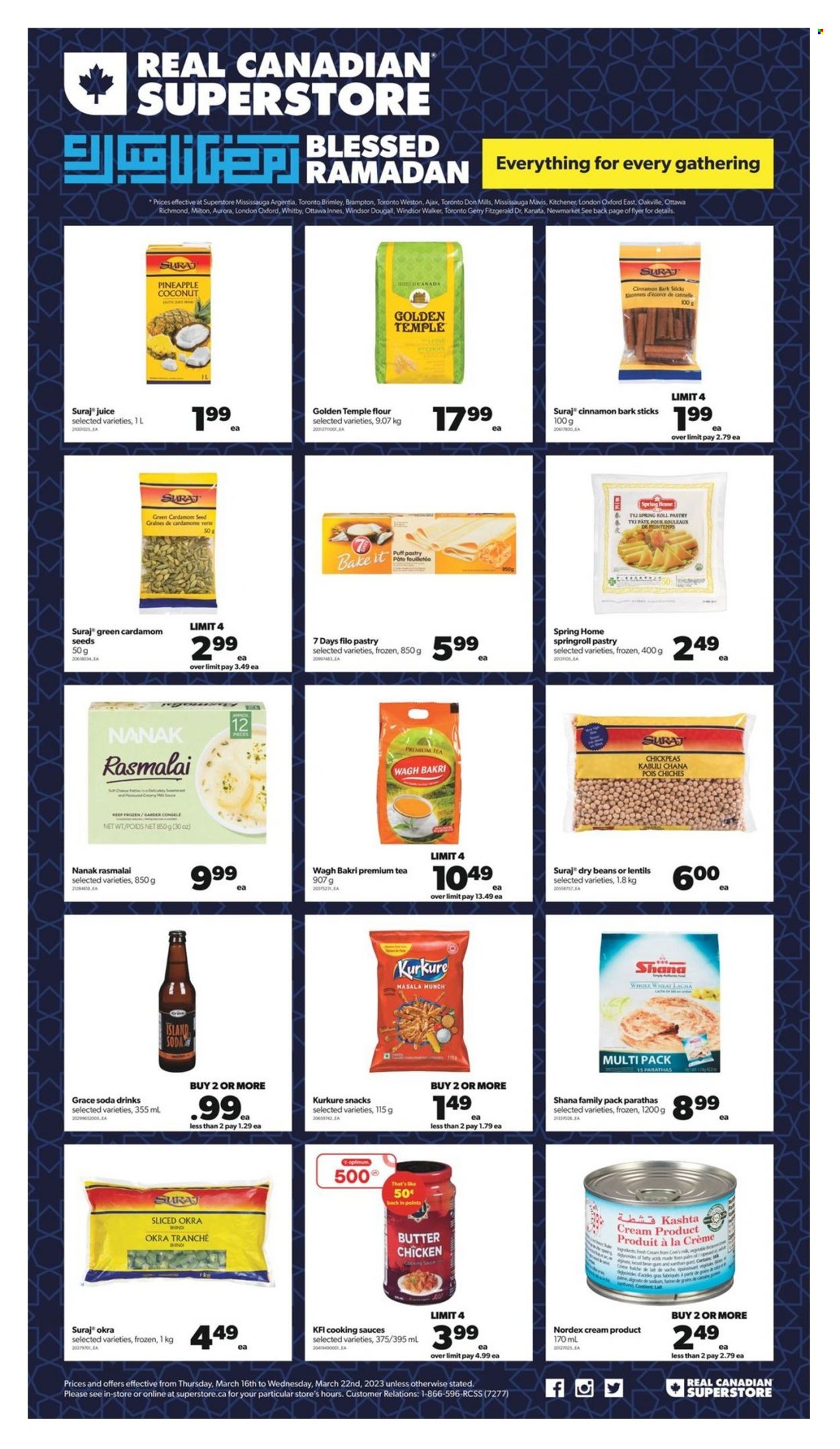thumbnail - Real Canadian Superstore Flyer - March 16, 2023 - March 22, 2023 - Sales products - beans, okra, pineapple, coconut, filo dough, puff pastry, snack, 7 Days, flour, lentils, chickpeas, dry beans, cinnamon, juice, soda, tea, Ajax, Optimum, plant seeds. Page 1.