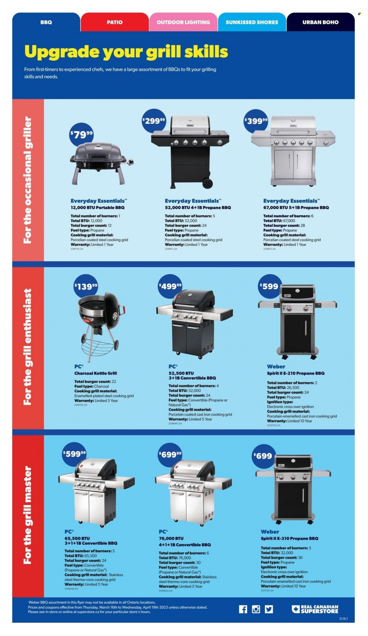 thumbnail - Real Canadian Superstore Flyer - March 16, 2023 - April 19, 2023 - Sales products - hamburger, kettle, lighting, grill, Weber, portable barbecue. Page 3.