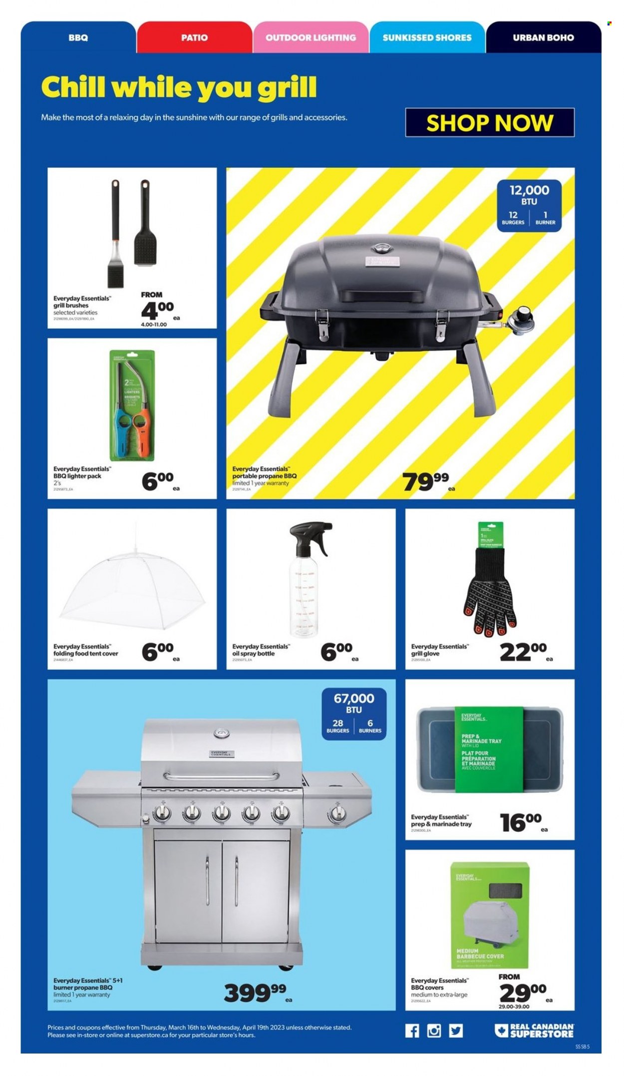 thumbnail - Real Canadian Superstore Flyer - March 16, 2023 - April 19, 2023 - Sales products - hamburger, Sunshine, marinade, oil, gloves, tray, lighting, grill, briquettes. Page 5.