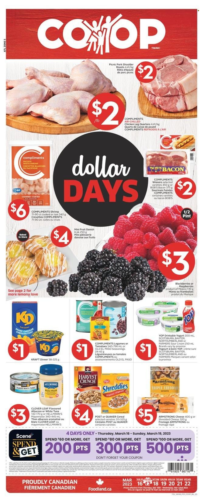 thumbnail - Co-op Flyer - March 16, 2023 - March 22, 2023 - Sales products - Old El Paso, tomatoes, blackberries, tuna, shrimps, Quaker, Kraft®, bacon, shredded cheese, cheddar, yoghurt, Clover, sour cream, mayonnaise, Hellmann’s, Mars, cereals, chicken legs, pork meat, pork shoulder, Sure, pot. Page 1.
