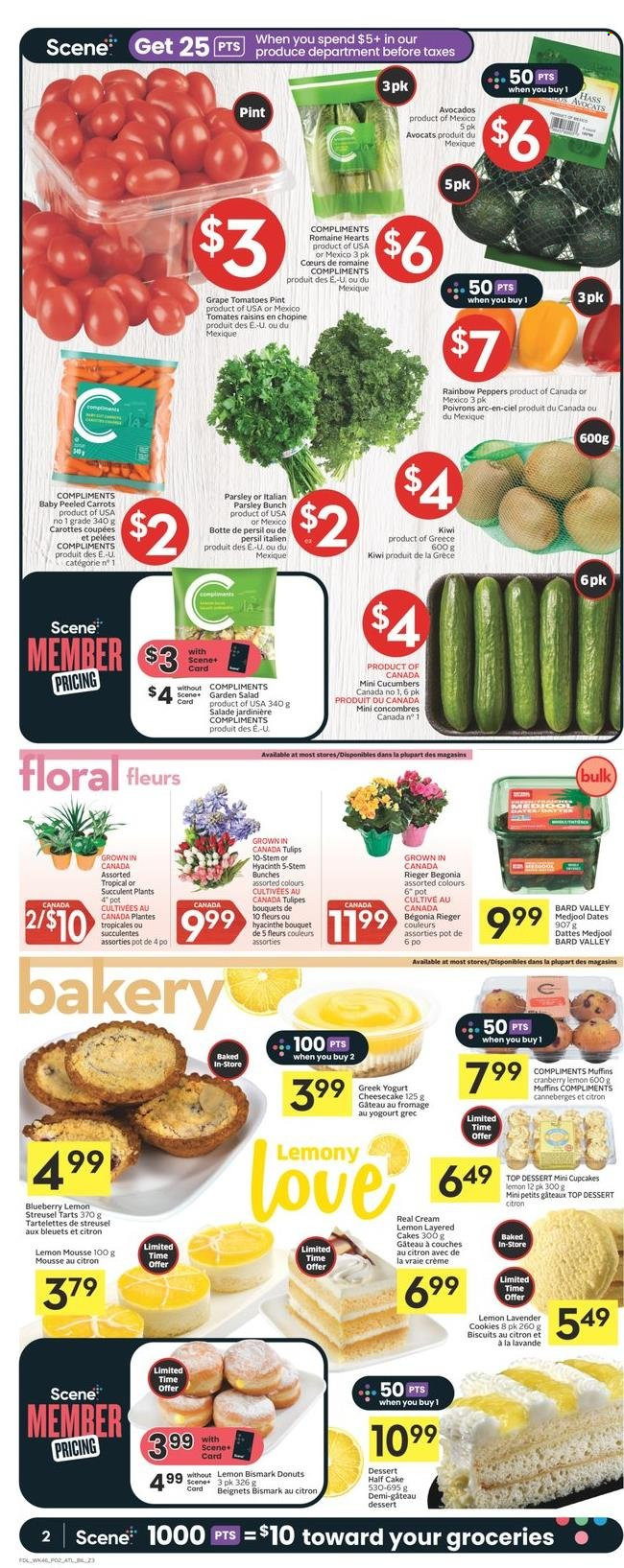 thumbnail - Co-op Flyer - March 16, 2023 - March 22, 2023 - Sales products - cake, cupcake, cheesecake, donut, muffin, carrots, cucumber, tomatoes, parsley, salad, peppers, avocado, greek yoghurt, yoghurt, cookies, biscuit, dried fruit, dried dates, Persil, pot, hyacinth, tulip, bunches, bouquet, succulent, begonia, kiwi, raisins. Page 2.
