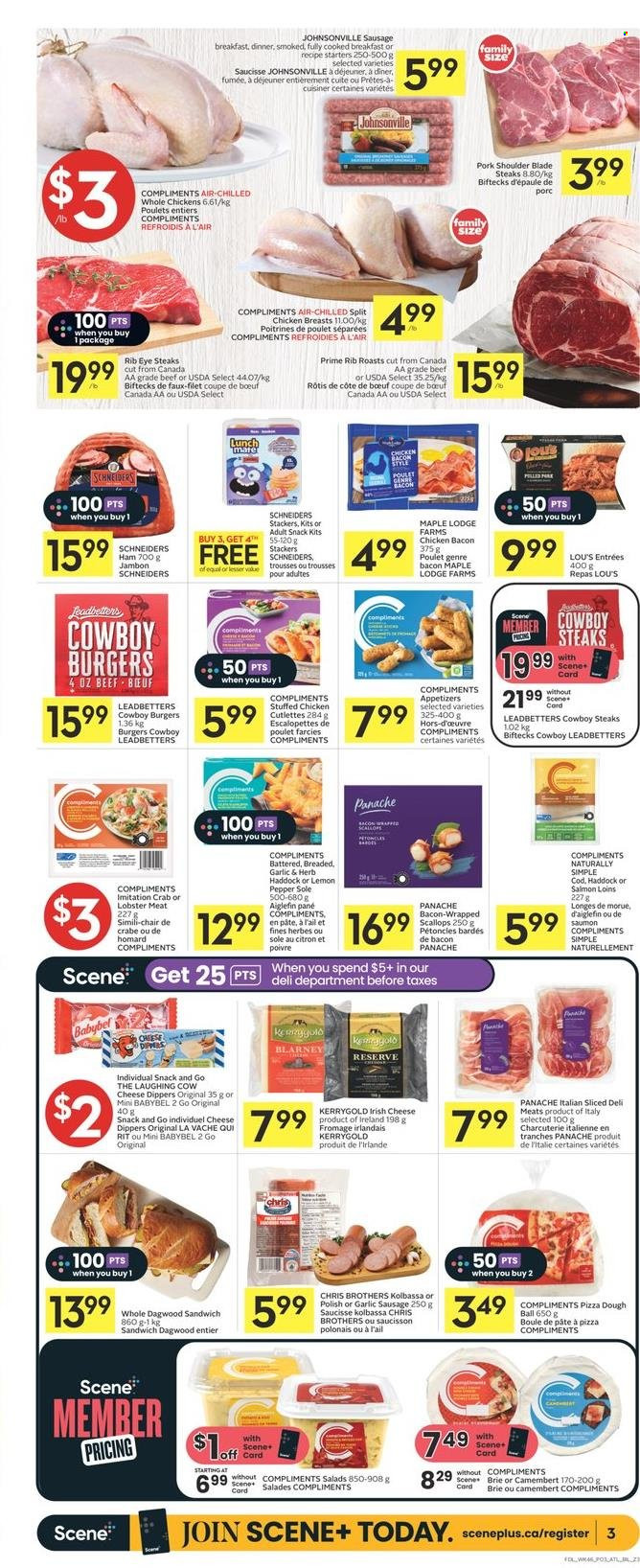 thumbnail - Co-op Flyer - March 16, 2023 - March 22, 2023 - Sales products - bacon wrapped scallops, cod, lobster, scallops, haddock, crab, hamburger, dagwood, stuffed chicken, bacon, ham, Johnsonville, sausage, brie, The Laughing Cow, Babybel, pizza dough, snack, BROTHERS, whole chicken, beef meat, steak, pork meat, pork shoulder, camembert. Page 3.