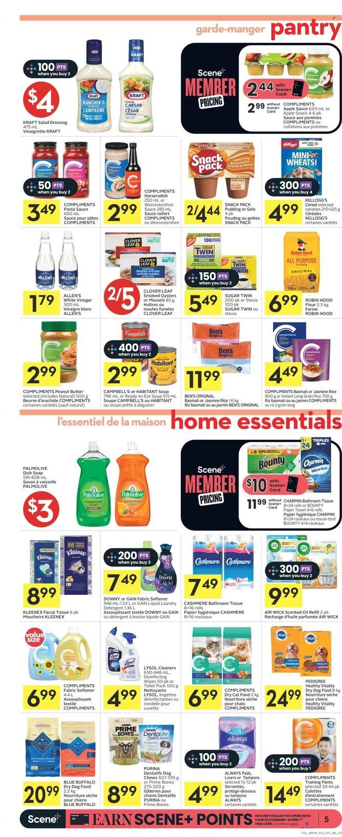 thumbnail - Co-op Flyer - March 16, 2023 - March 22, 2023 - Sales products - horseradish, mussels, smoked oysters, oysters, Campbell's, pasta sauce, soup, sauce, Kraft®, Puck, pudding, Clover, Bounty, Kellogg's, all purpose flour, flour, sugar, stevia, cereals, basmati rice, rice, jasmine rice, long grain rice, salad dressing, vinaigrette dressing, worcestershire sauce, dressing, vinegar, apple sauce, peanut butter, L&P, wipes, pants, baby pants, bath tissue, Kleenex, paper towels, Charmin, Gain, Lysol, fabric softener, laundry detergent, Palmolive, soap, Always pads, tampons, animal food, dry dog food, animal treats, Blue Buffalo, cat food, dog food, Purina, Pedigree, Dentalife, dog chews, dry cat food, detergent. Page 5.