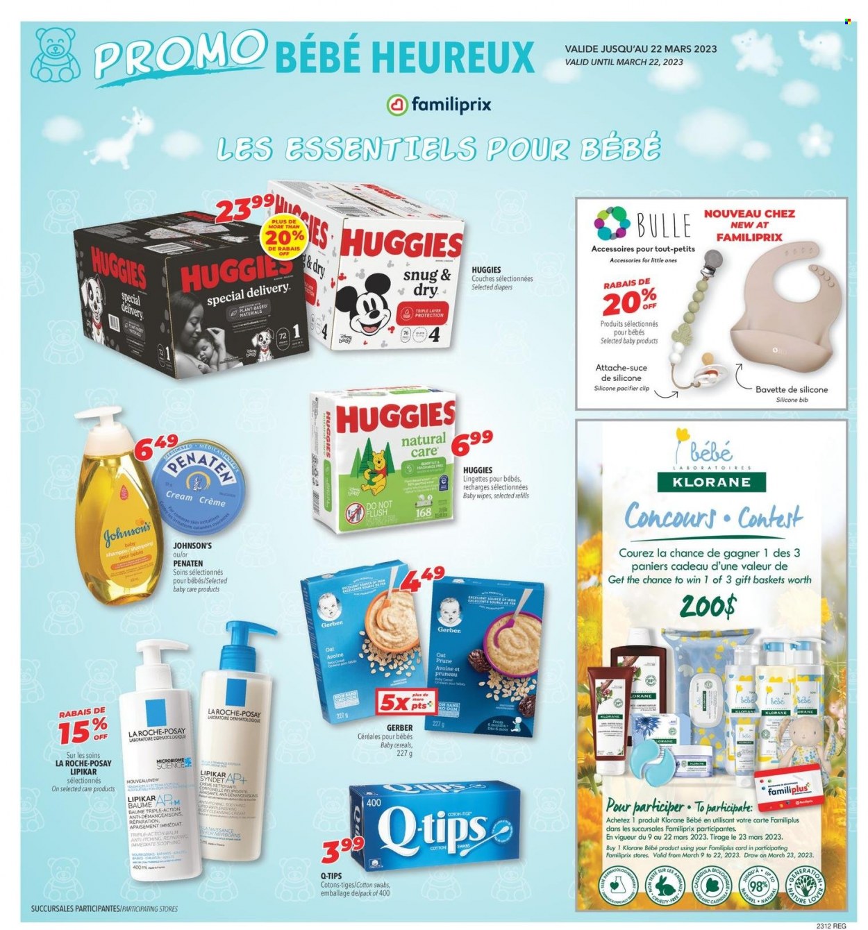 thumbnail - Familiprix Flyer - March 16, 2023 - March 22, 2023 - Sales products - Mars, Gerber, oats, cereals, wipes, baby wipes, nappies, Johnson's, La Roche-Posay, Klorane, fragrance, bib, shampoo, Huggies. Page 3.