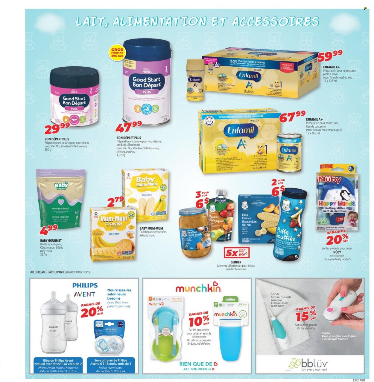 thumbnail - Familiprix Flyer - March 16, 2023 - March 22, 2023 - Sales products - Philips, snack, Gerber, oatmeal, cereals, puffs, water, Enfamil, toothbrush, Mum, trimmer, nail trimmer, Philips Avent, Nestlé. Page 5.