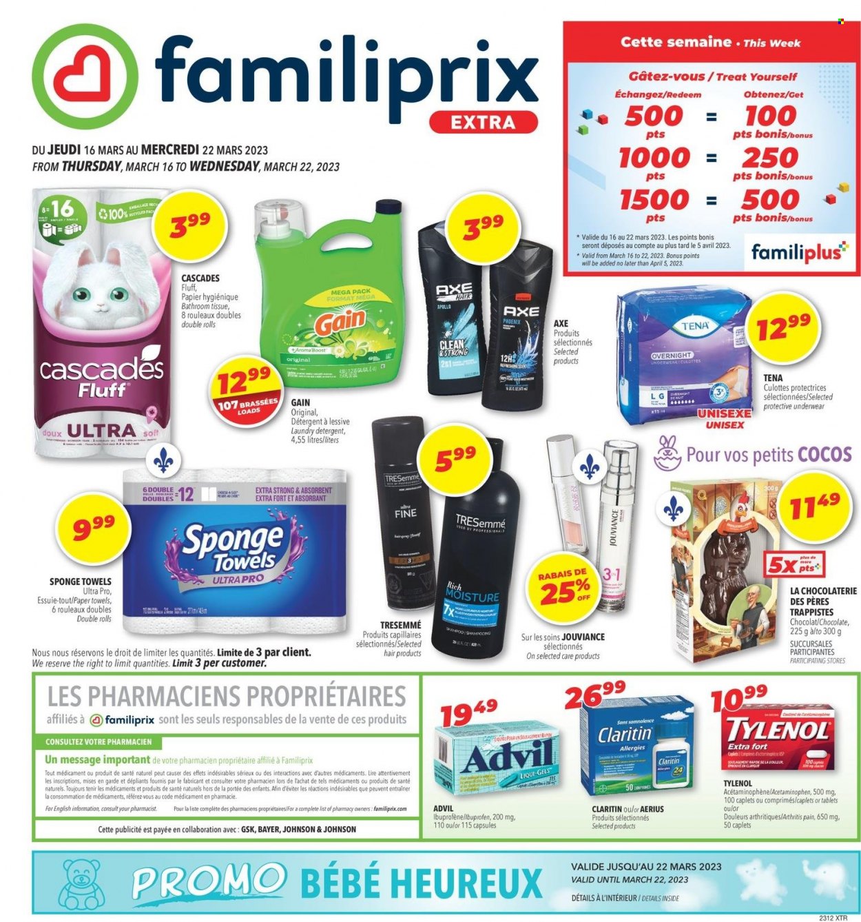 thumbnail - Familiprix Extra Flyer - March 16, 2023 - March 22, 2023 - Sales products - chocolate, Mars, Boost, Johnson's, bath tissue, kitchen towels, paper towels, Gain, laundry detergent, hair products, TRESemmé, Axe, Tylenol, Ibuprofen, Advil Rapid, Bayer, underwear, detergent, shampoo. Page 1.