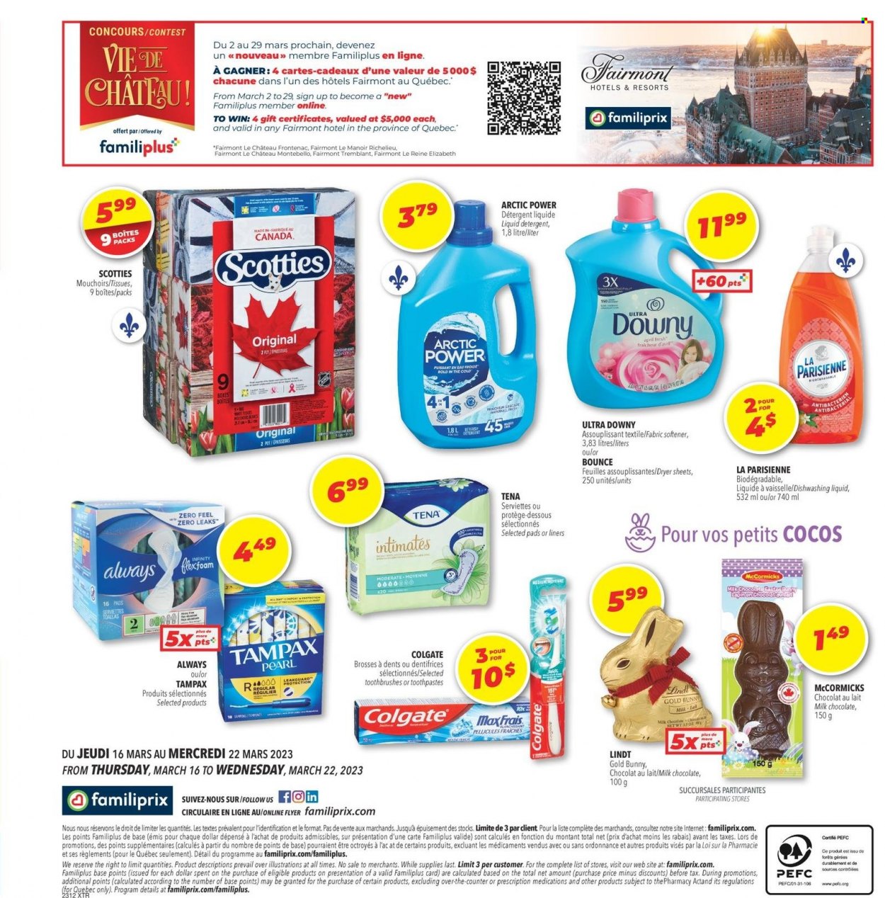 thumbnail - Familiprix Extra Flyer - March 16, 2023 - March 22, 2023 - Sales products - milk chocolate, chocolate, Mars, tissues, fabric softener, liquid detergent, Bounce, Cascade, dryer sheets, dishwashing liquid, sanitary pads, tampons, Infinity, detergent, Colgate, Tampax, Lindt, Tena Lady. Page 2.