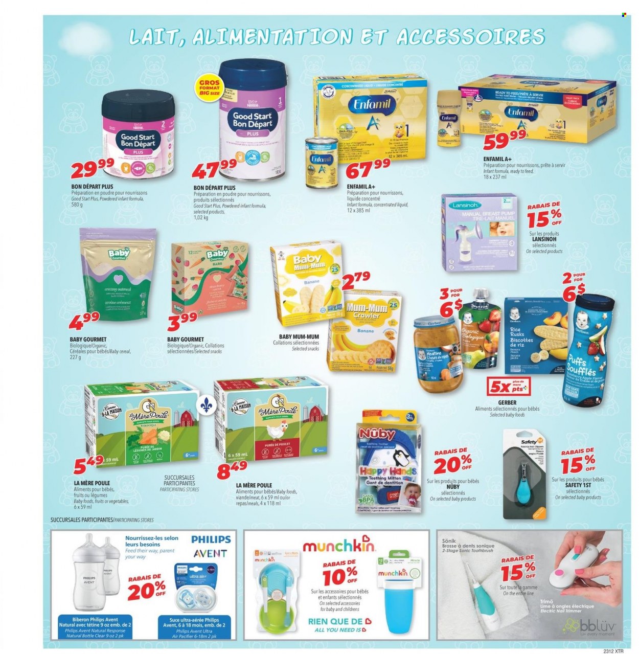 thumbnail - Familiprix Extra Flyer - March 16, 2023 - March 22, 2023 - Sales products - Philips, snack, Gerber, oatmeal, cereals, puffs, Enfamil, toothbrush, Mum, Axe, trimmer, nail trimmer, Philips Avent, pump, breast pump, safety 1st. Page 5.