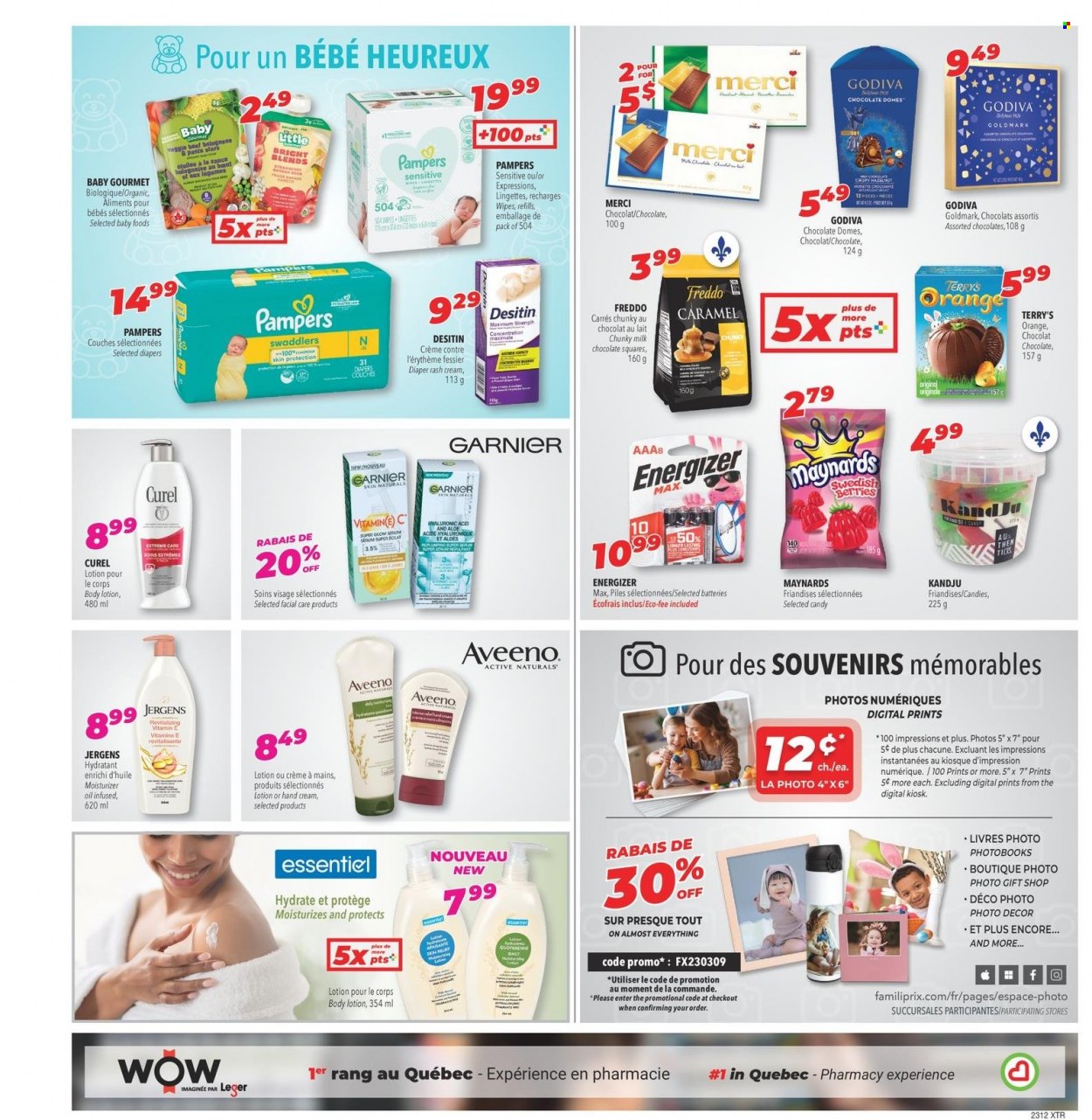 thumbnail - Familiprix Extra Flyer - March 16, 2023 - March 22, 2023 - Sales products - milk chocolate, chocolate, Godiva, Merci, sauce, pasta, caramel, oil, wipes, Pampers, nappies, Aveeno, moisturizer, serum, Curél, body lotion, hand cream, Jergens, Eclat, battery, Desitin, Energizer, Garnier. Page 17.