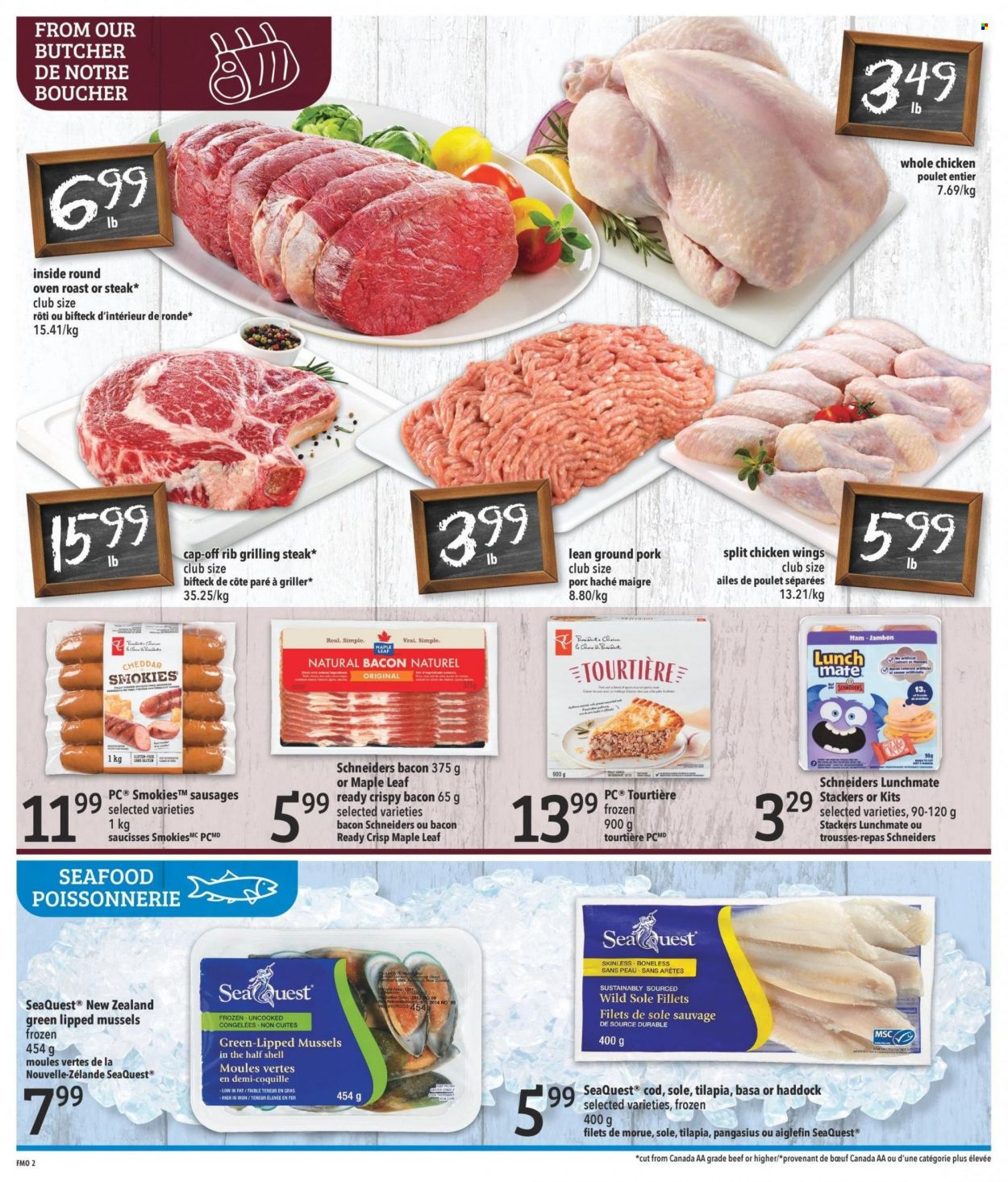 thumbnail - Freshmart Flyer - March 16, 2023 - March 22, 2023 - Sales products - cod, mussels, tilapia, haddock, pangasius, seafood, roast, bacon, ham, sausage, cheddar, cheese, chicken wings, Priya, whole chicken, chicken, steak, ground pork. Page 2.