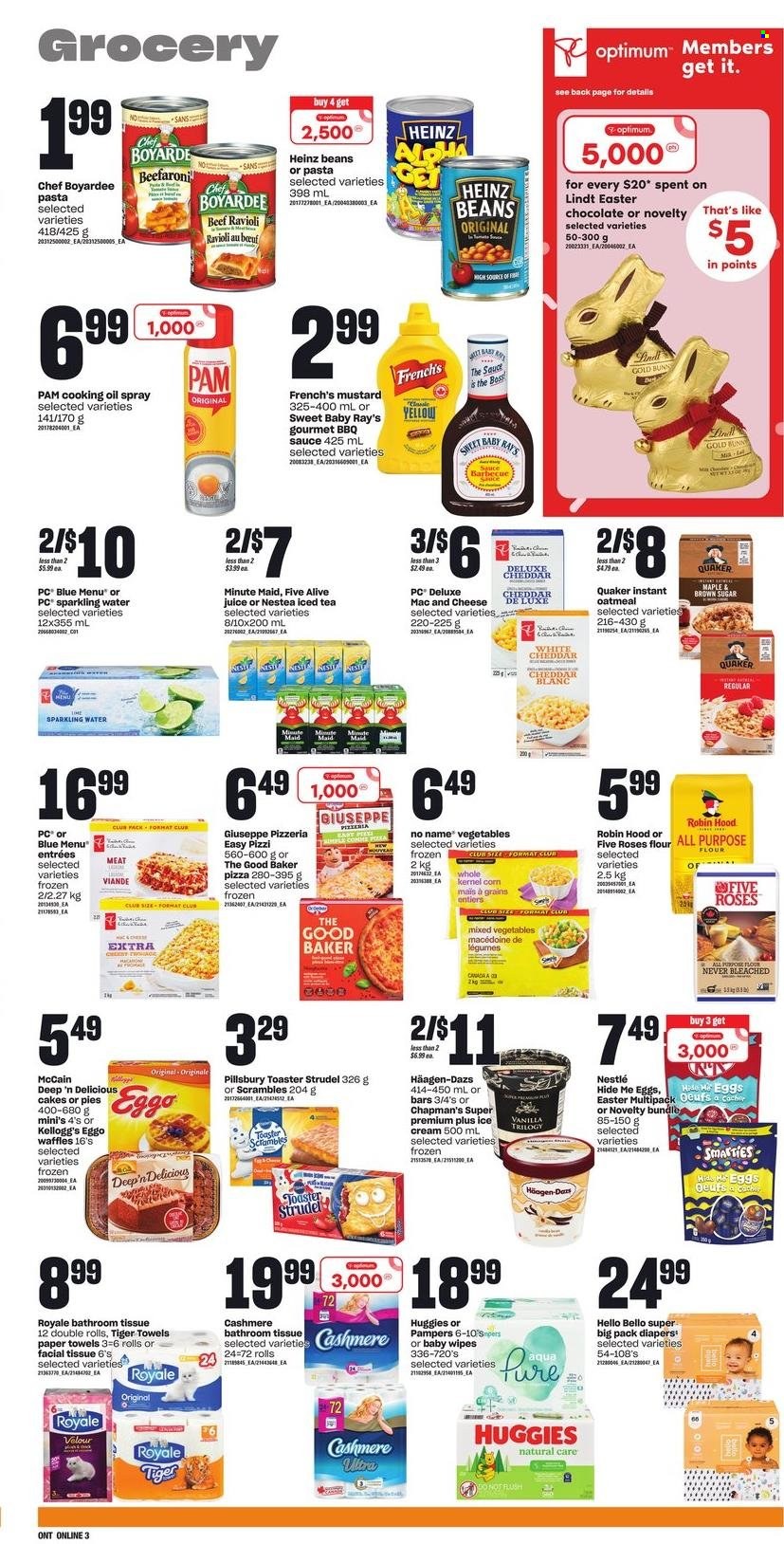 thumbnail - Zehrs Flyer - March 16, 2023 - March 22, 2023 - Sales products - cake, strudel, waffles, beans, No Name, macaroni & cheese, ravioli, pizza, sauce, Pillsbury, Quaker, cheddar, eggs, ice cream, Häagen-Dazs, mixed vegetables, McCain, Kellogg's, all purpose flour, cane sugar, flour, oatmeal, Chef Boyardee, BBQ sauce, mustard, oil, cooking oil, switch, juice, ice tea, fruit punch, sparkling water, water, wipes, Pampers, baby wipes, nappies, bath tissue, kitchen towels, paper towels, Optimum, Nestlé, Heinz, Huggies, Lindt, Smarties. Page 6.