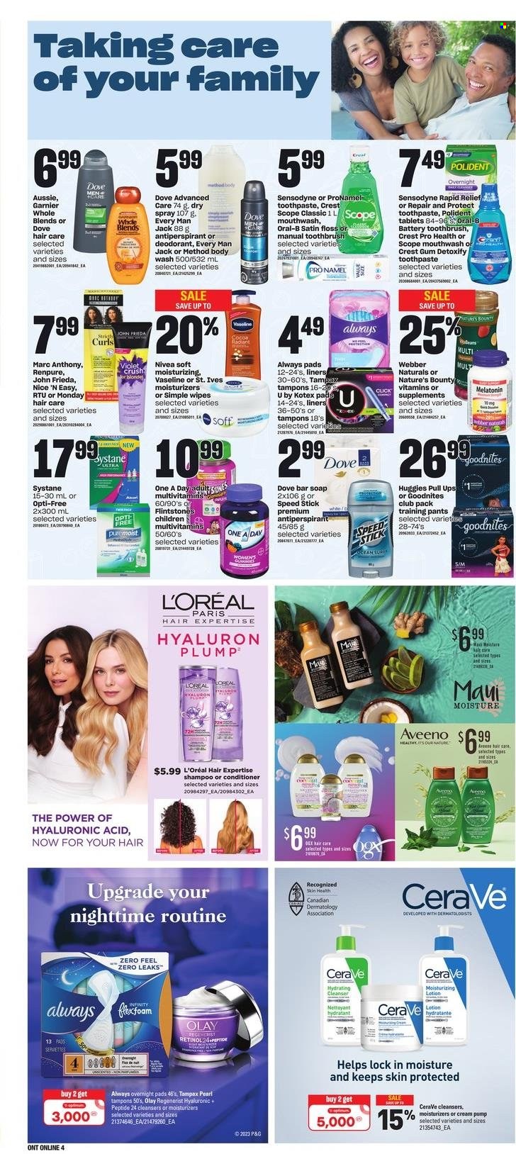 thumbnail - Zehrs Flyer - March 16, 2023 - March 22, 2023 - Sales products - Dove, wipes, pants, baby pants, Aveeno, Nivea, body wash, Vaseline, soap bar, soap, toothbrush, toothpaste, mouthwash, Polident, Crest, Always pads, sanitary pads, Kotex, Kotex pads, tampons, CeraVe, cleanser, L’Oréal, moisturizer, Olay, Infinity, Aussie, conditioner, John Frieda, Maui Moisture, body lotion, anti-perspirant, Speed Stick, serviettes, Optimum, pump, Melatonin, multivitamin, Nature's Bounty, Garnier, shampoo, Systane, Tampax, Huggies, Oral-B, Sensodyne, deodorant. Page 7.