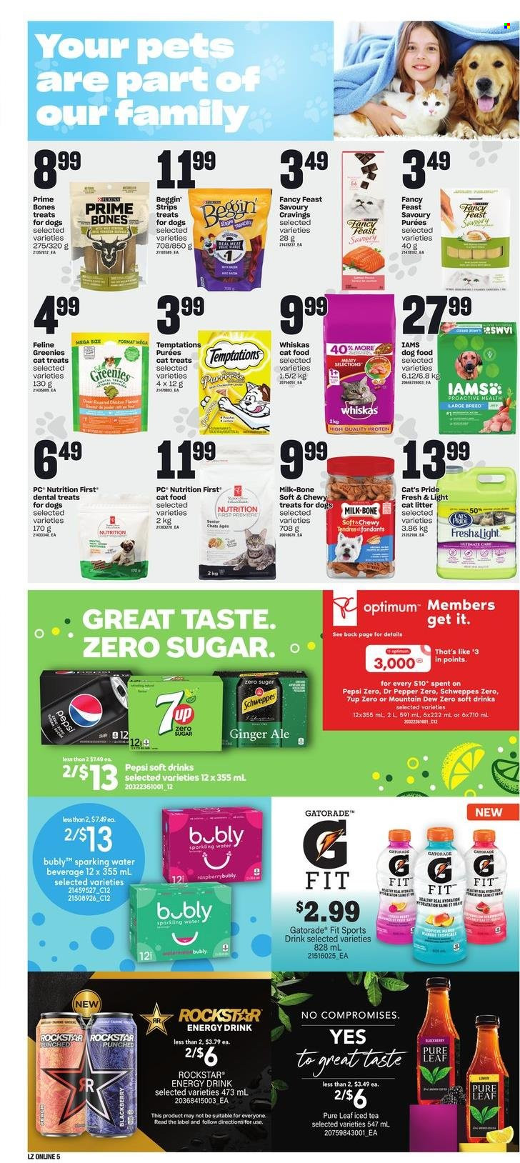 thumbnail - Zehrs Flyer - March 16, 2023 - March 22, 2023 - Sales products - chicken roast, milk, strips, ginger ale, Mountain Dew, Schweppes, Pepsi, energy drink, ice tea, Dr. Pepper, soft drink, 7UP, Rockstar, Gatorade, sparkling water, water, Pure Leaf, animal food, cat litter, PREMIERE, Greenies, cat food, dental treats, dog food, Optimum, Beggin', Fancy Feast, Iams, Whiskas. Page 8.