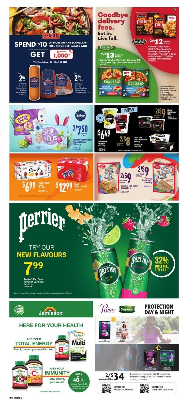 thumbnail - Zehrs Flyer - March 16, 2023 - March 22, 2023 - Sales products - cake, wraps, ginger, Pillsbury, pepperoni, Yoplait, Stouffer's, cookies, cinnamon, Perrier, sanitary pads, bowl, Optimum, multivitamin, Nestlé. Page 10.