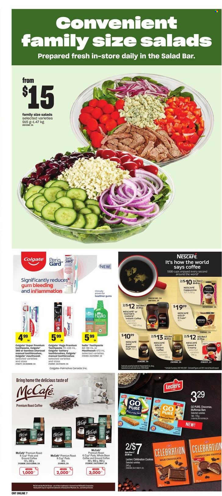 thumbnail - Zehrs Flyer - March 16, 2023 - March 22, 2023 - Sales products - salad, roast, cookies, milk chocolate, truffles, Celebration, cappuccino, coffee, instant coffee, ground coffee, coffee capsules, McCafe, K-Cups, Keurig, Green Mountain, Palmolive, toothpaste, mouthwash, battery, Colgate, Nescafé. Page 11.