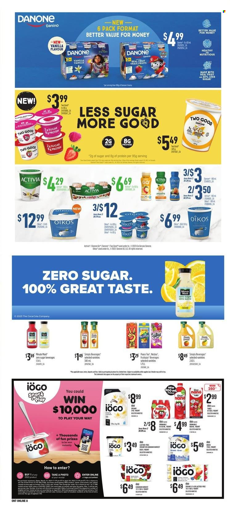 thumbnail - Zehrs Flyer - March 16, 2023 - March 22, 2023 - Sales products - yoghurt, Activia, Oikos, snack, Coca-Cola, fruit punch, smoothie, tea, LEGO, Danone. Page 12.