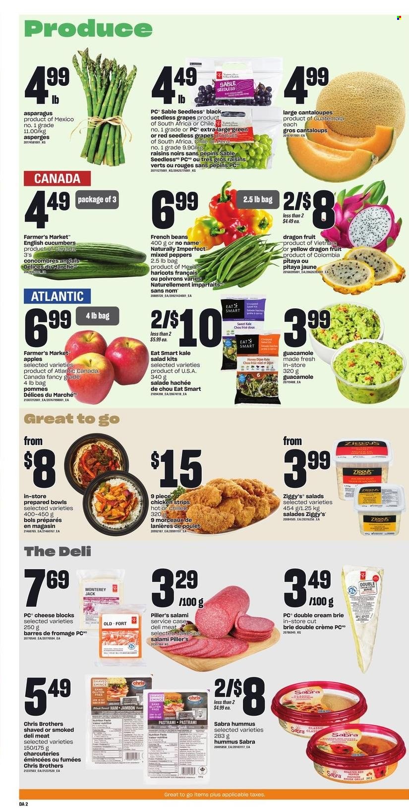 thumbnail - Dominion Flyer - March 16, 2023 - March 22, 2023 - Sales products - asparagus, beans, cantaloupe, cucumber, french beans, kale, salad, peppers, apples, grapes, seedless grapes, dragon fruit, No Name, macaroni, salami, ham, pastrami, hummus, guacamole, Monterey Jack cheese, cheese, brie, strips, chicken strips, honey, dried fruit, BROTHERS, beef meat, handy chopper, raisins. Page 2.