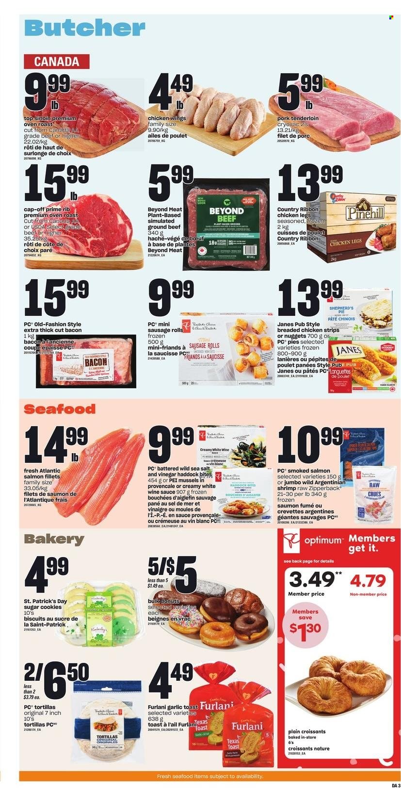 thumbnail - Dominion Flyer - March 16, 2023 - March 22, 2023 - Sales products - sausage rolls, tortillas, pie, croissant, donut, mussels, salmon, salmon fillet, smoked salmon, haddock, seafood, shrimps, nuggets, sauce, fried chicken, roast, bacon, sausage, chicken wings, strips, chicken strips, cookies, biscuit, sea salt, vinegar, white wine, chicken legs, chicken, beef meat, pork meat, pork tenderloin, cutter, Optimum, radio. Page 3.