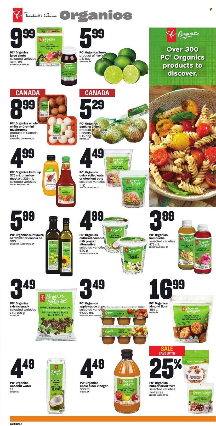 thumbnail - Dominion Flyer - March 16, 2023 - March 22, 2023 - Sales products - mushrooms, onion, grapefruits, limes, sauce, yoghurt, chocolate, snack, dark chocolate, flour, oats, almond flour, coconut milk, rolled oats, Quick Oats, cinnamon, mustard, apple cider vinegar, canola oil, vinegar, oil, apple sauce, walnuts, dried fruit, juice, coconut water, water, kombucha, Grant's, cup, sauce cup, sunflower, raisins, ketchup. Page 4.