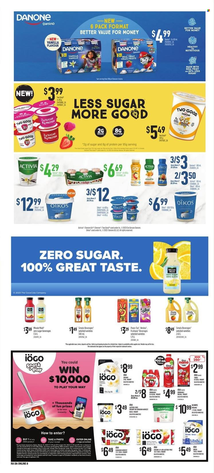thumbnail - Dominion Flyer - March 16, 2023 - March 22, 2023 - Sales products - yoghurt, Activia, Oikos, snack, Coca-Cola, fruit punch, smoothie, tea, Danone. Page 13.