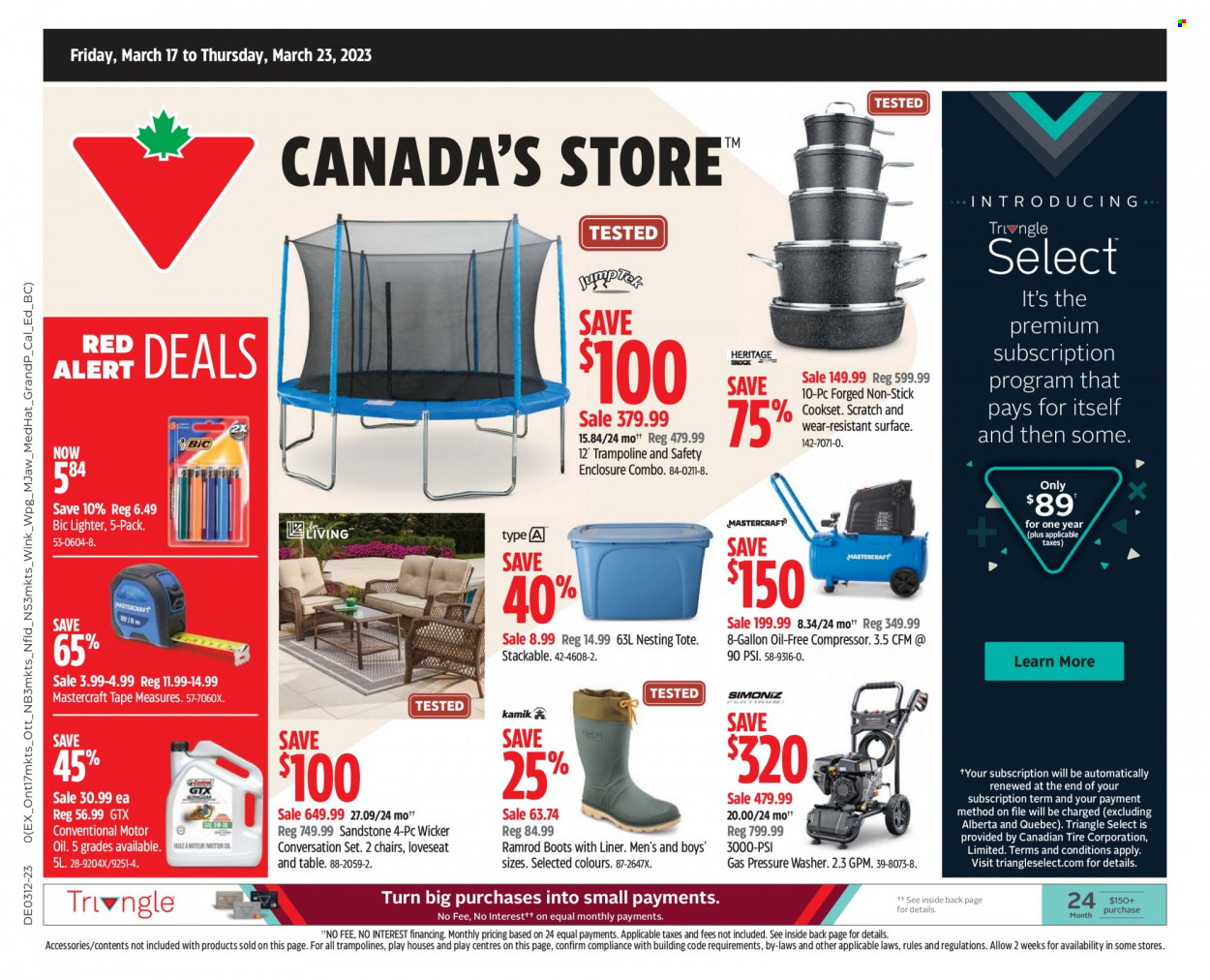 thumbnail - Canadian Tire Flyer - March 17, 2023 - March 23, 2023 - Sales products - chair, compressor, table, loveseat, tote, boots, trampoline, air compressor, measuring tape, pressure washer, motor oil. Page 1.