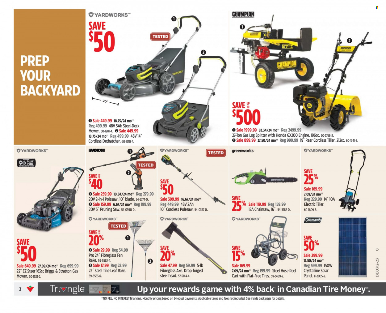thumbnail - Canadian Tire Flyer - March 17, 2023 - March 23, 2023 - Sales products - solar panel, chain saw, saw, log splitter, Axe, cart, hose reel, tires. Page 2.