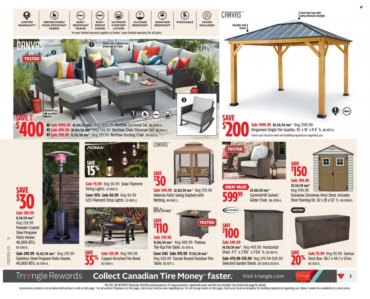 thumbnail - Canadian Tire Flyer - March 17, 2023 - March 23, 2023 - Sales products - chair, cushion, table, rocking chair, ottoman, daybed, string lights, heater, fireplace, vinyl, gazebo, shed, fire bowl. Page 3.