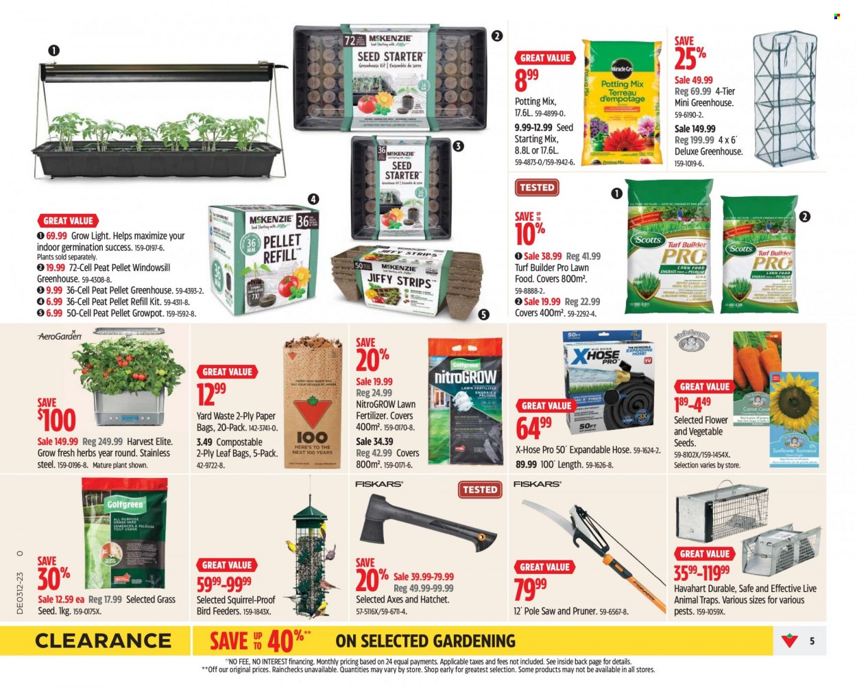 thumbnail - Canadian Tire Flyer - March 17, 2023 - March 23, 2023 - Sales products - bag, paper, bird feeder, pellet gun, saw, greenhouse, plant seeds, herbs, potting mix, seed starting mix, fertilizer, turf builder, grass seed. Page 5.