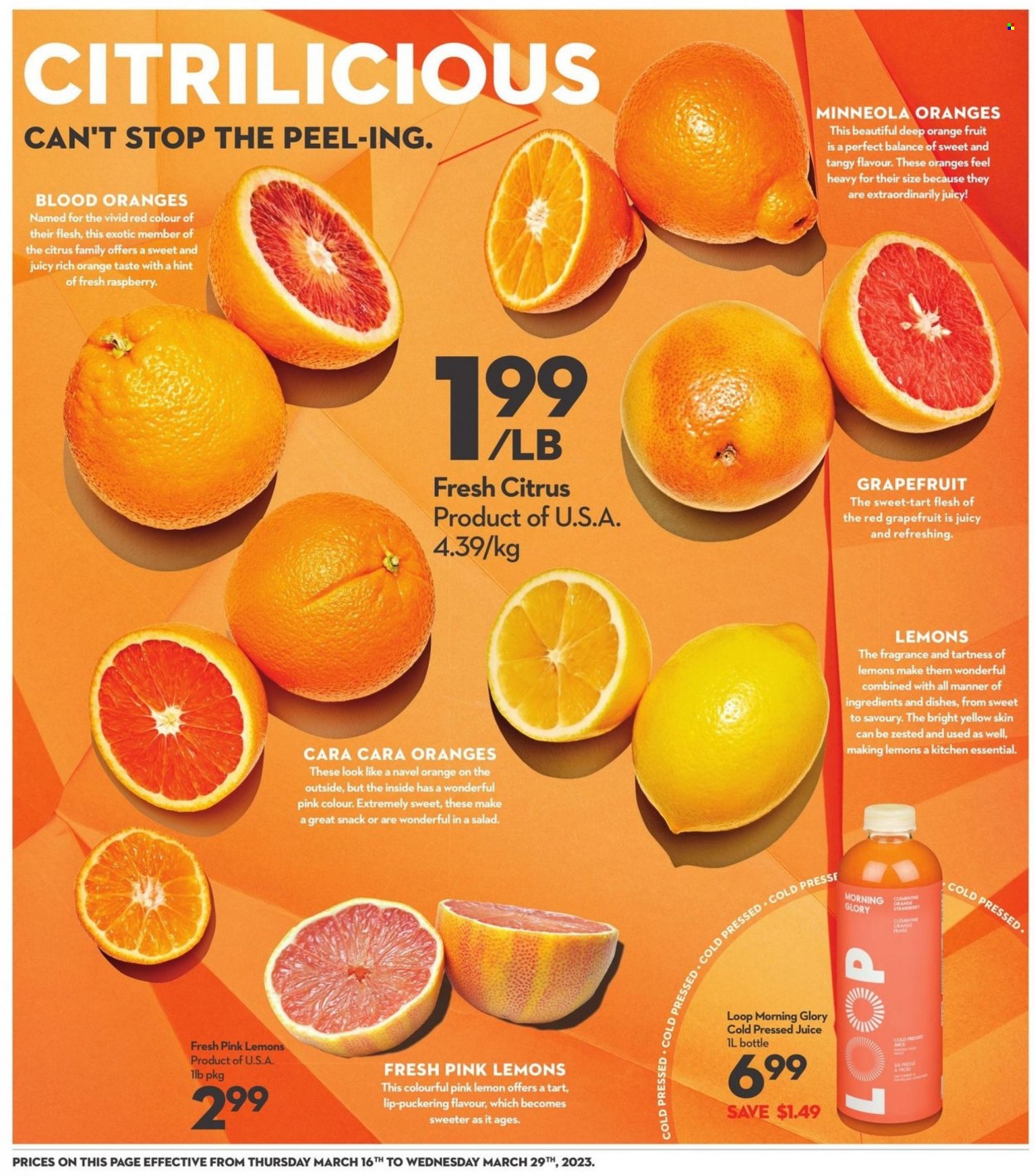 thumbnail - Longo's Flyer - March 16, 2023 - March 29, 2023 - Sales products - grapefruits, navel oranges, snack, juice, fragrance. Page 3.