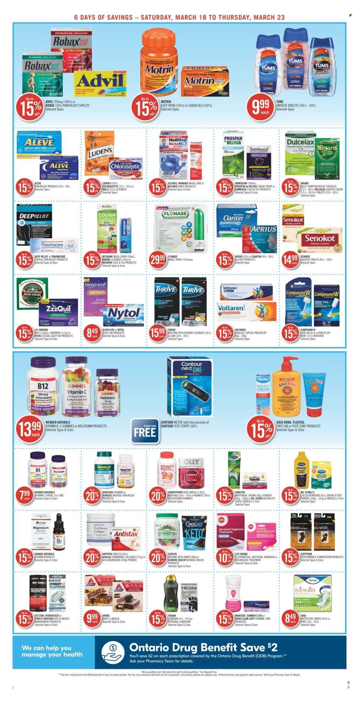 thumbnail - Shoppers Drug Mart Flyer - March 18, 2023 - March 23, 2023 - Sales products - Halls, chewing gum, pastilles, syrup, pants, ointment, lubricant, Vicks, foot powder, foot care, contour, pain relief, Aleve, Dulcolax, Cold & Flu, magnesium, multivitamin, vitamin c, ZzzQuil, Omega-3, Betadine, Advil Rapid, zinc, vitamin B12, Antacid, laxative, vitamin D3, Sambucol, nasal spray, Motrin, Dr. Scholl's. Page 2.