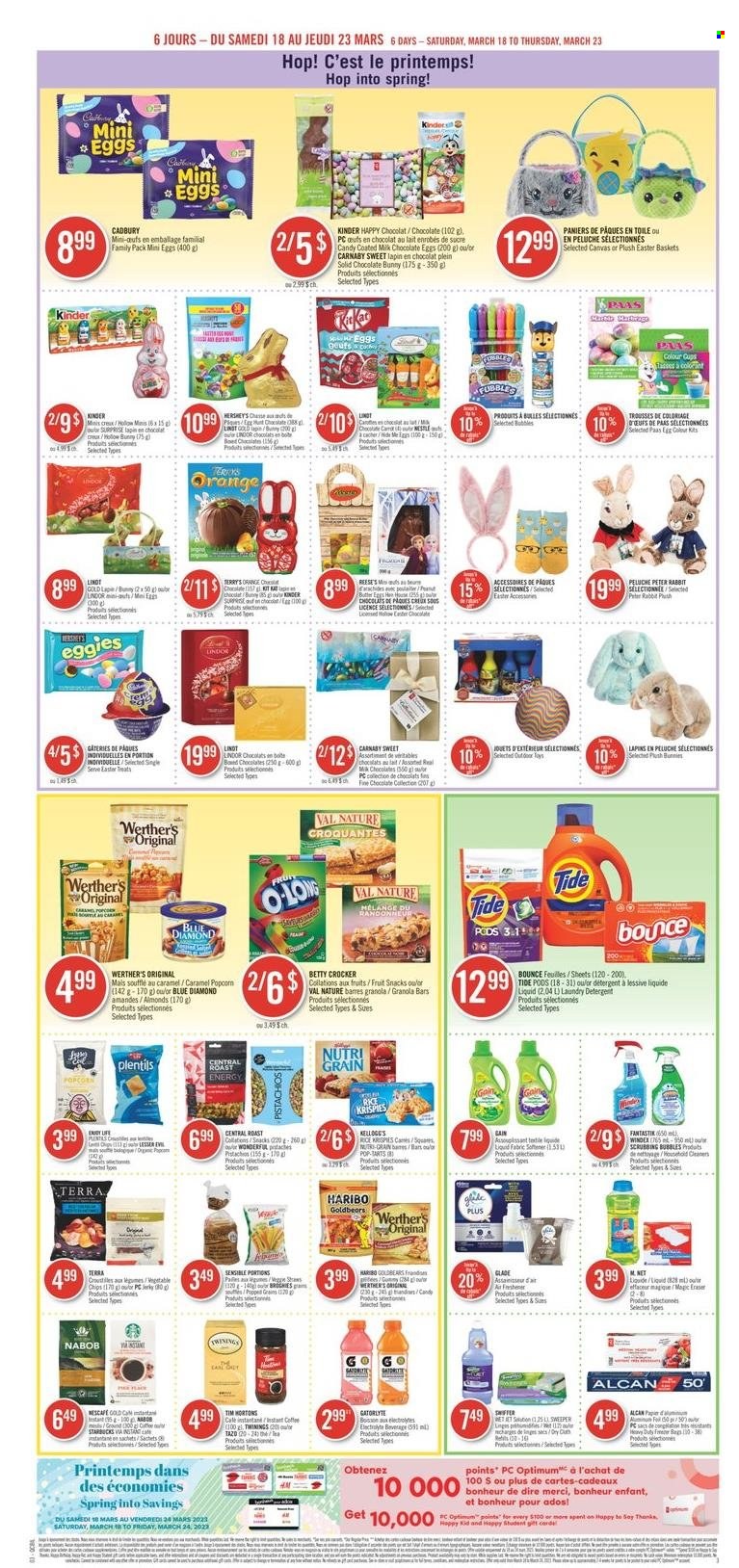 thumbnail - Pharmaprix Flyer - March 18, 2023 - March 23, 2023 - Sales products - oranges, roast, Reese's, Hershey's, milk chocolate, chocolate, Haribo, Mars, Cadbury, Merci, chocolate egg, chocolate bunny, fruit snack, chips, popcorn, vegetable chips, granola bar, Rice Krispies, Nutri-Grain, honey, almonds, pistachios, Blue Diamond, Twinings, coffee, instant coffee, Starbucks, Gain, Scrubbing Bubbles, Swiffer, Tide, fabric softener, laundry detergent, Bounce, basket, cup, straw, aluminium foil, pen, eraser, canvas, air freshener, Glade, Optimum, toys, outdoor toy, detergent, Lindor, Nescafé. Page 5.