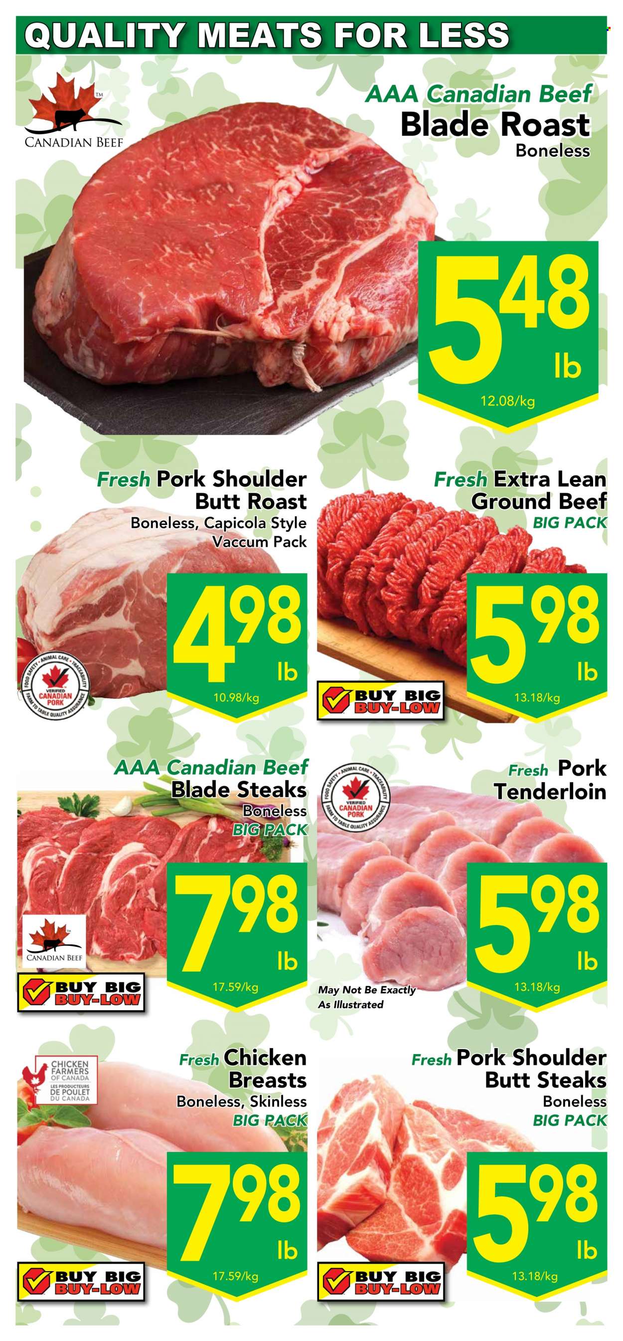 thumbnail - Buy-Low Foods Flyer - March 16, 2023 - March 22, 2023 - Sales products - roast, chicken breasts, beef meat, ground beef, steak, pork meat, pork shoulder, pork tenderloin, animal food. Page 2.