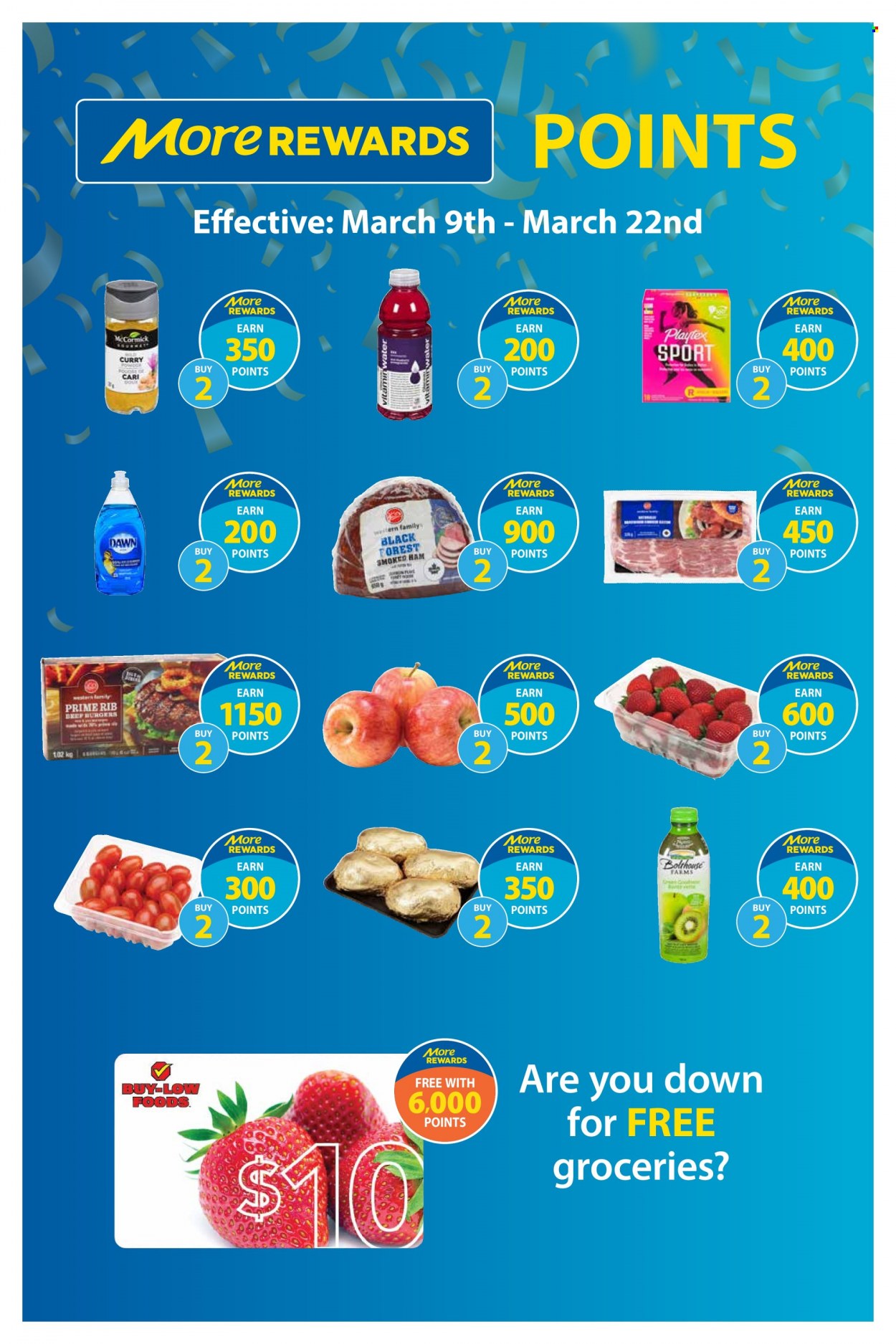 thumbnail - Buy-Low Foods Flyer - March 16, 2023 - March 22, 2023 - Sales products - Dole, hamburger, ham, smoked ham, curry powder, vitamin water, water, Playtex. Page 8.