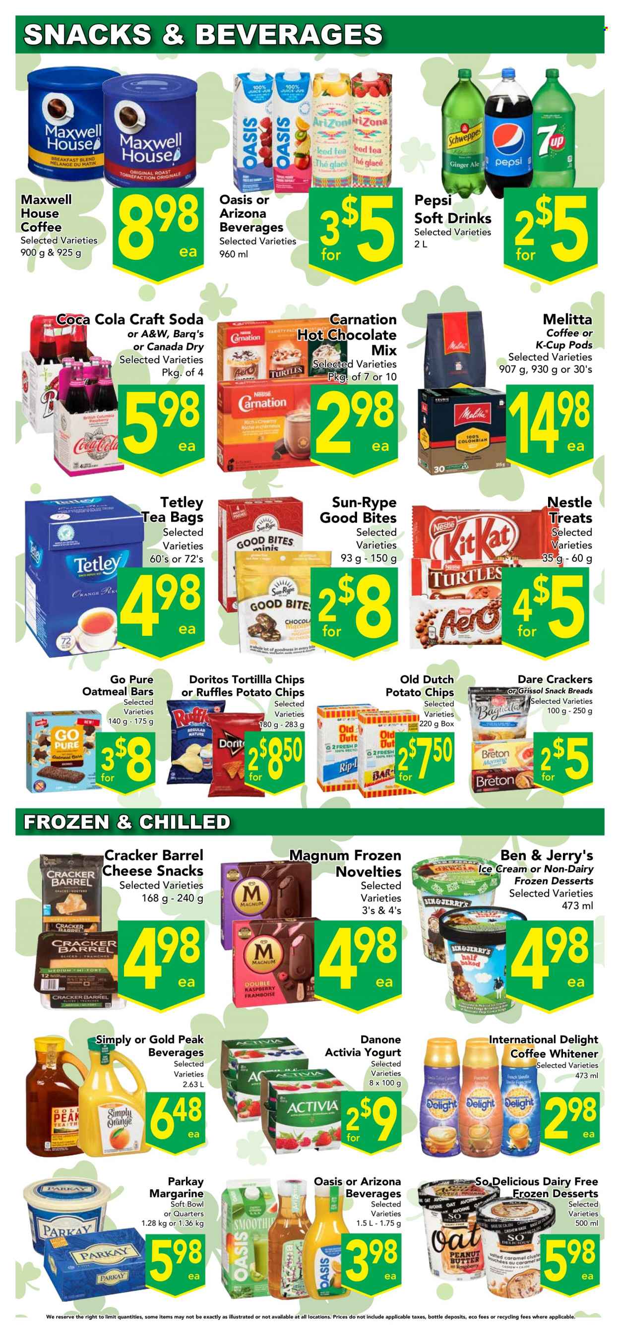 thumbnail - Buy-Low Foods Flyer - March 16, 2023 - March 22, 2023 - Sales products - yoghurt, Activia, margarine, coffee whitener, Magnum, ice cream, Ben & Jerry's, snack, crackers, Doritos, potato chips, Ruffles, oatmeal, Canada Dry, Coca-Cola, Pepsi, soft drink, AriZona, A&W, soda, hot chocolate, Maxwell House, tea bags, coffee capsules, K-Cups, Nestlé, Danone. Page 9.