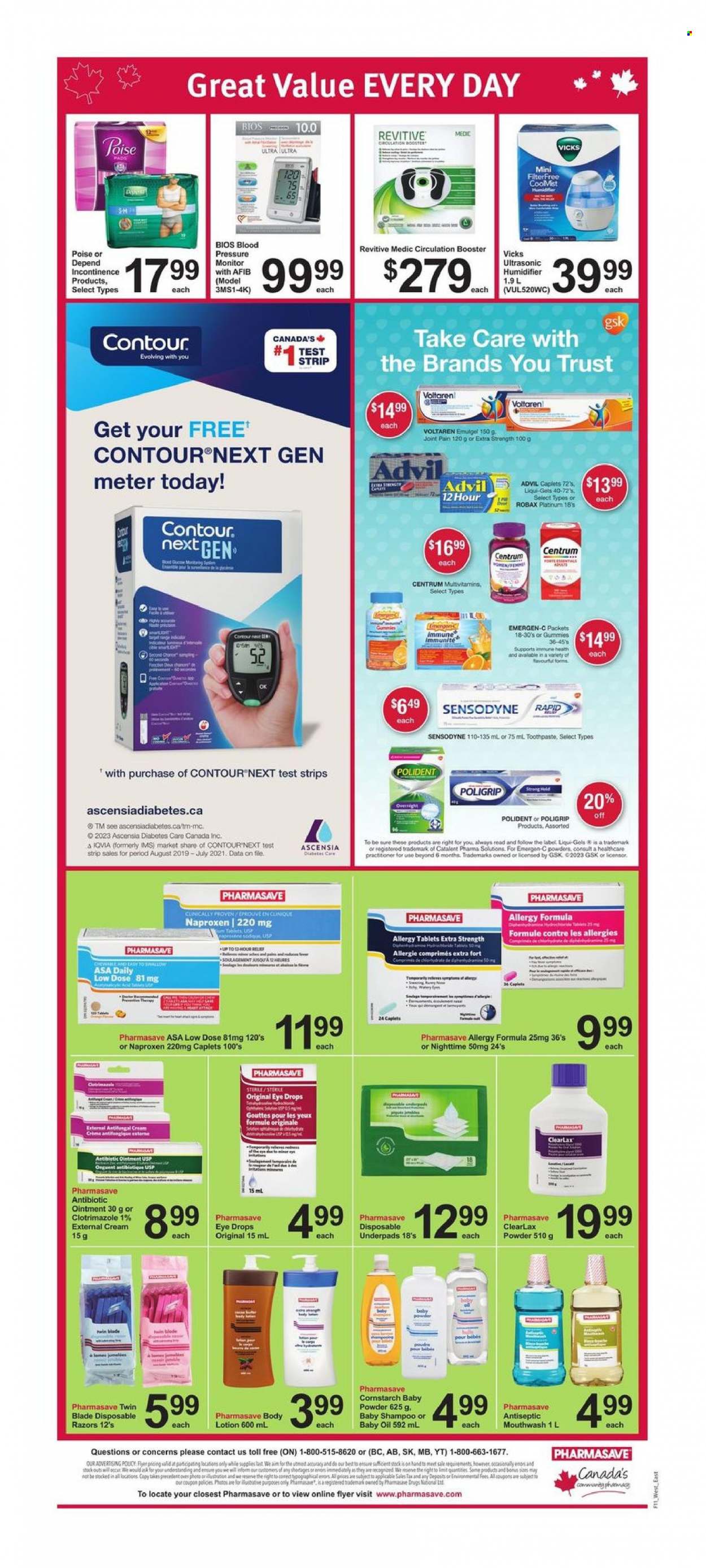 thumbnail - Pharmasave Flyer - March 17, 2023 - March 23, 2023 - Sales products - cornstarch, oil, ointment, baby powder, baby oil, toothpaste, mouthwash, Polident, Clinique, body lotion, Sure, disposable razor, Vicks, contour, cap, multivitamin, eye drops, Advil Rapid, Emergen-C, Low Dose, Centrum, pressure monitor, Revitive, shampoo, Sensodyne. Page 4.
