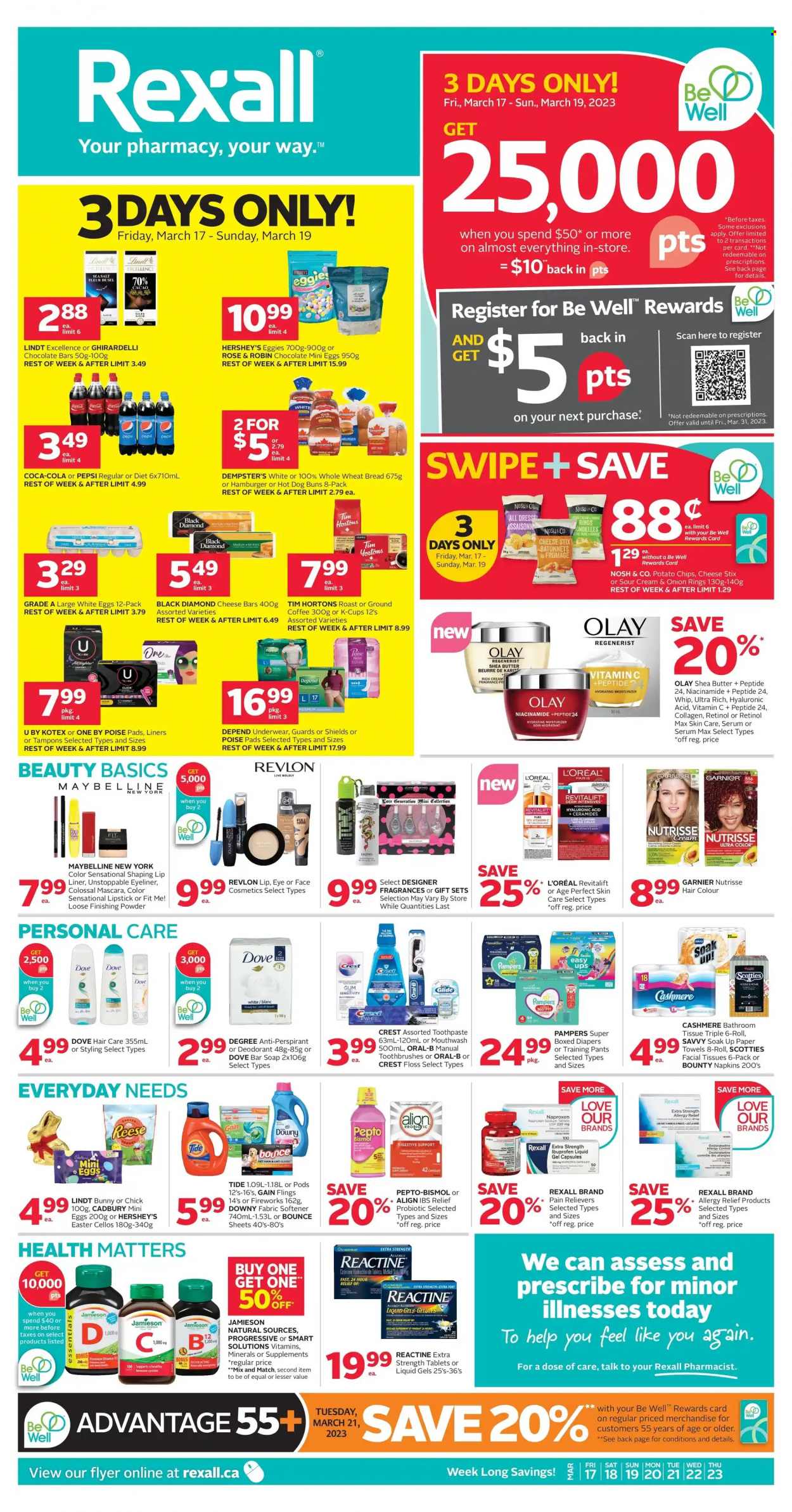 thumbnail - Rexall Flyer - March 17, 2023 - March 23, 2023 - Sales products - wheat bread, buns, onion rings, Dove, Bounty, Mars, Hershey's, Cadbury, Ghirardelli, chocolate bar, potato chips, chips, Coca-Cola, Pepsi, water, coffee, ground coffee, coffee capsules, K-Cups, rosé wine, Pampers, pants, nappies, napkins, baby pants, bath tissue, kitchen towels, paper towels, Gain, Tide, fabric softener, Bounce, Downy Laundry, soap bar, soap, toothpaste, mouthwash, Crest, Kotex, tampons, facial tissues, L’Oréal, moisturizer, serum, Olay, Niacinamide, Revlon, hair color, shea butter, anti-perspirant, fragrance, Jeanne Arthes, lipstick, mascara, Maybelline, eyeliner, face powder, finishing powder, pendant, vitamin c, Ibuprofen, Pepto-bismol, allergy relief, Garnier, Oral-B, Lindt, deodorant. Page 1.